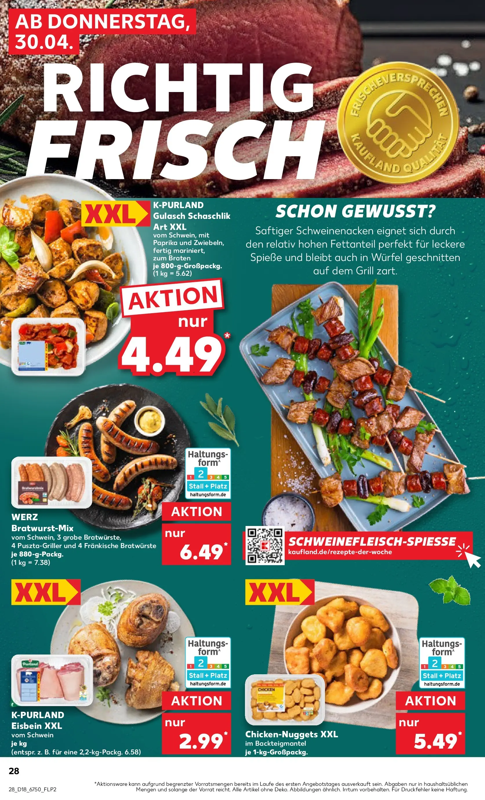 Prospekt Kaufland ab 30.04.2026 » Angebote Online zum Blättern | Seite: 28 | Produkte: Schweinenacken, Spieße, Paprika, Gulasch