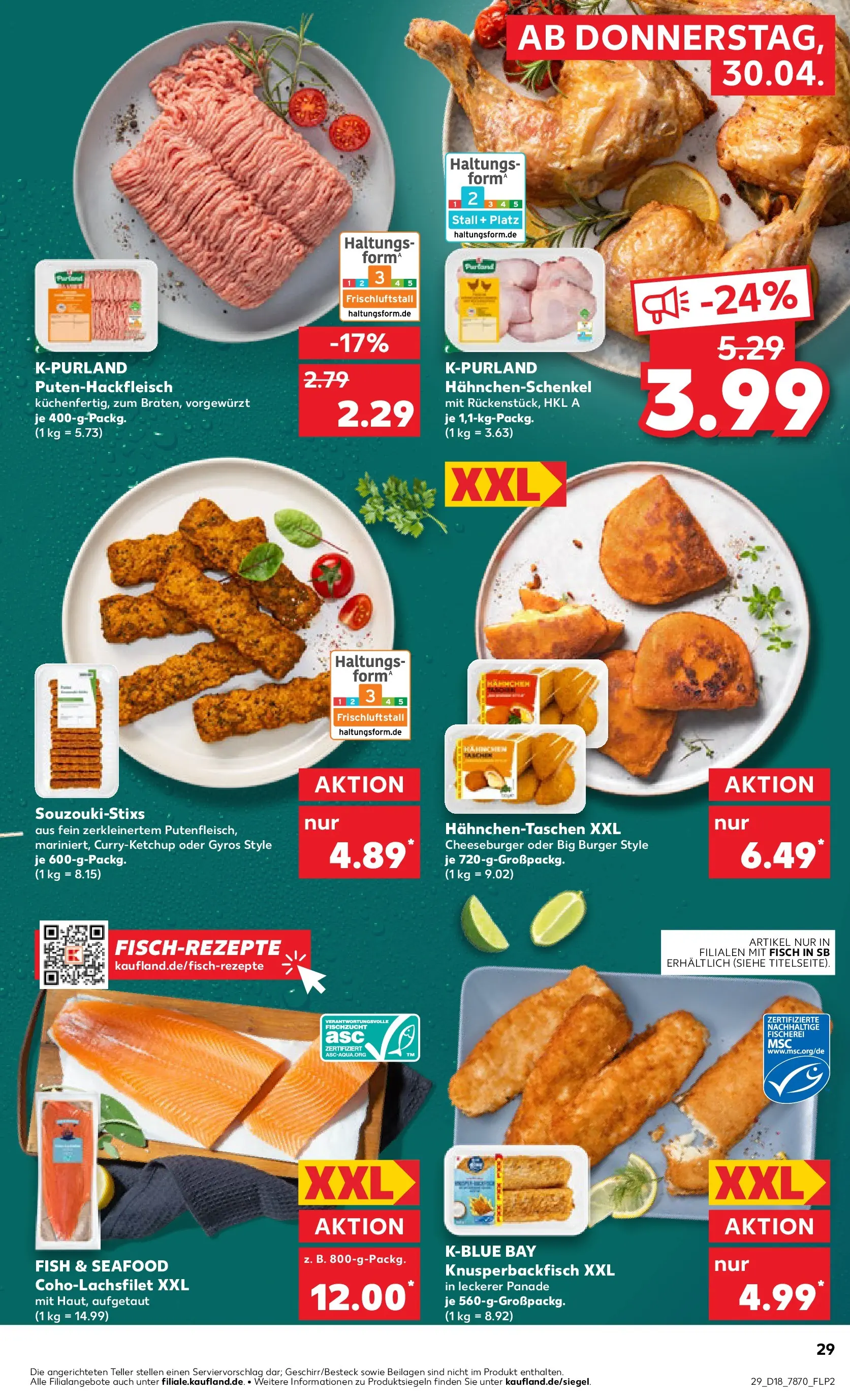 Prospekt Kaufland ab 30.04.2026 » Angebote Online zum Blättern | Seite: 29 | Produkte: Hahnchenschenkel, Burger, Fisch, Gyros