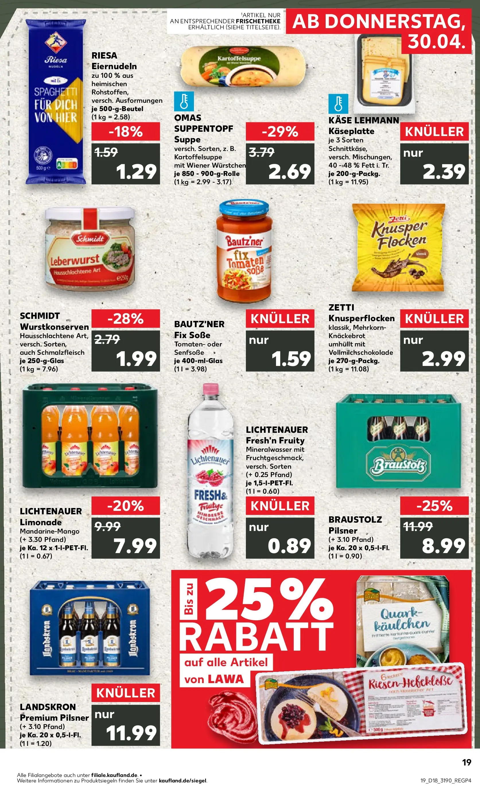Prospekt Kaufland ab 30.04.2026 » Angebote Online zum Blättern | Seite: 19 | Produkte: Wiener wurstchen, Limonade, Pasta, Flocken