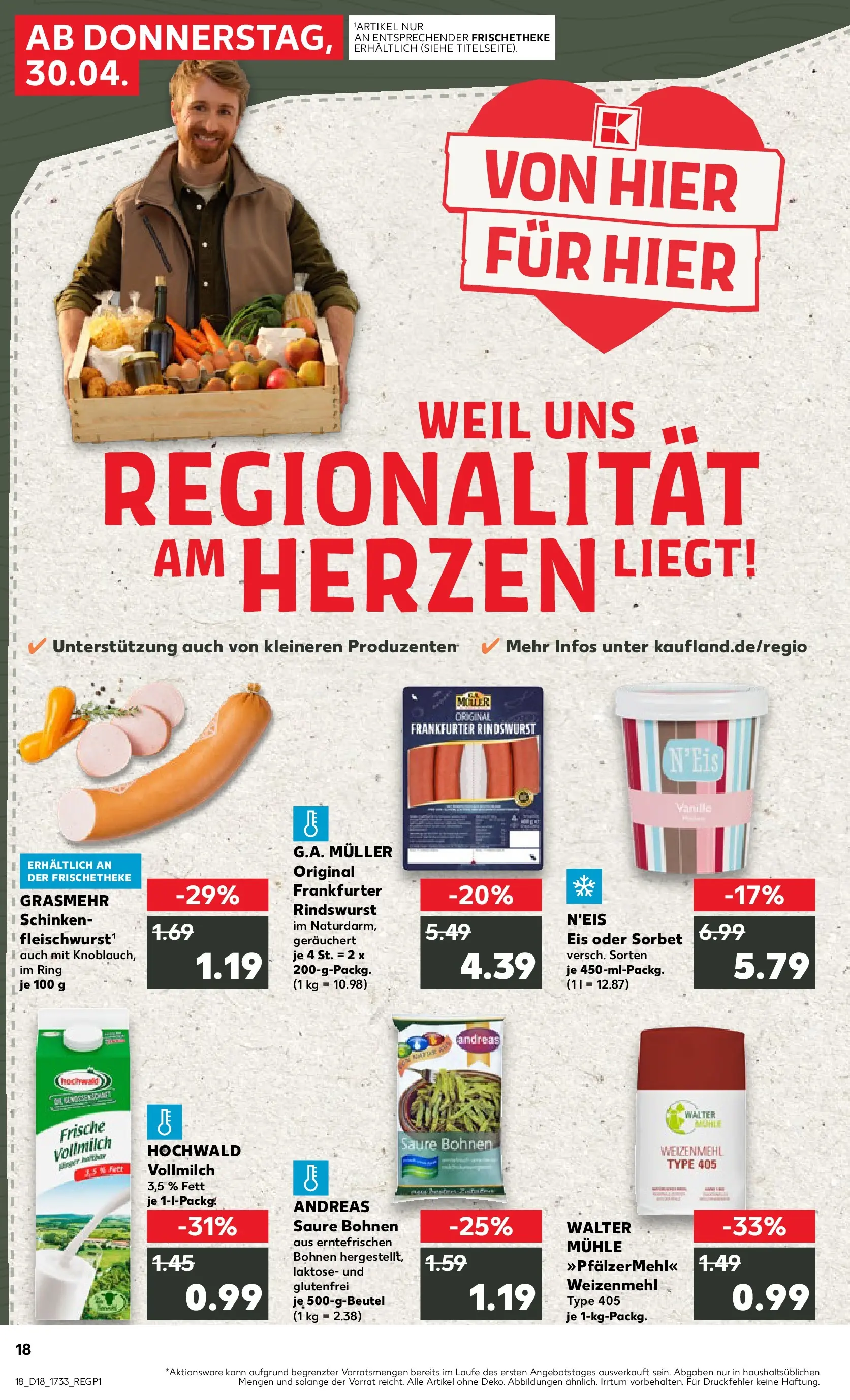 Prospekt Kaufland ab 30.04.2026 » Angebote Online zum Blättern | Seite: 18 | Produkte: Mühle, Weizenmehl, Schinken, Eis