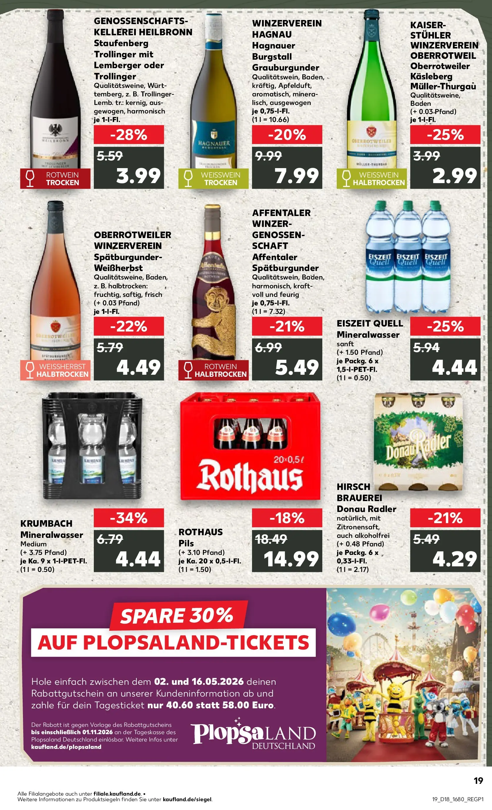 Prospekt Kaufland ab 30.04.2026 » Angebote Online zum Blättern | Seite: 19 | Produkte: Weißwein, Rotwein, Mineralwasser, Radler