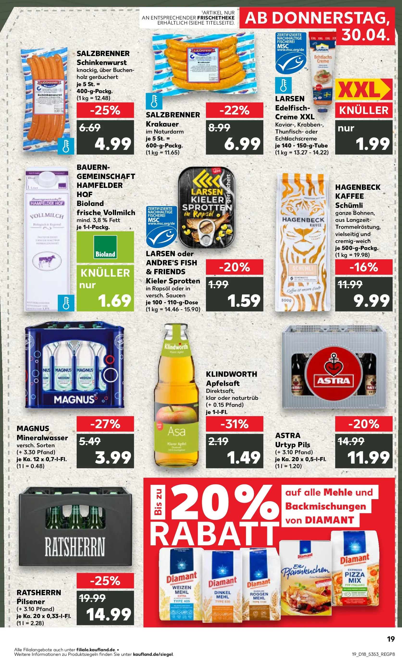 Prospekt Kaufland ab 30.04.2026 » Angebote Online zum Blättern | Seite: 19 | Produkte: Pils, Astra, Apfelsaft, Mineralwasser
