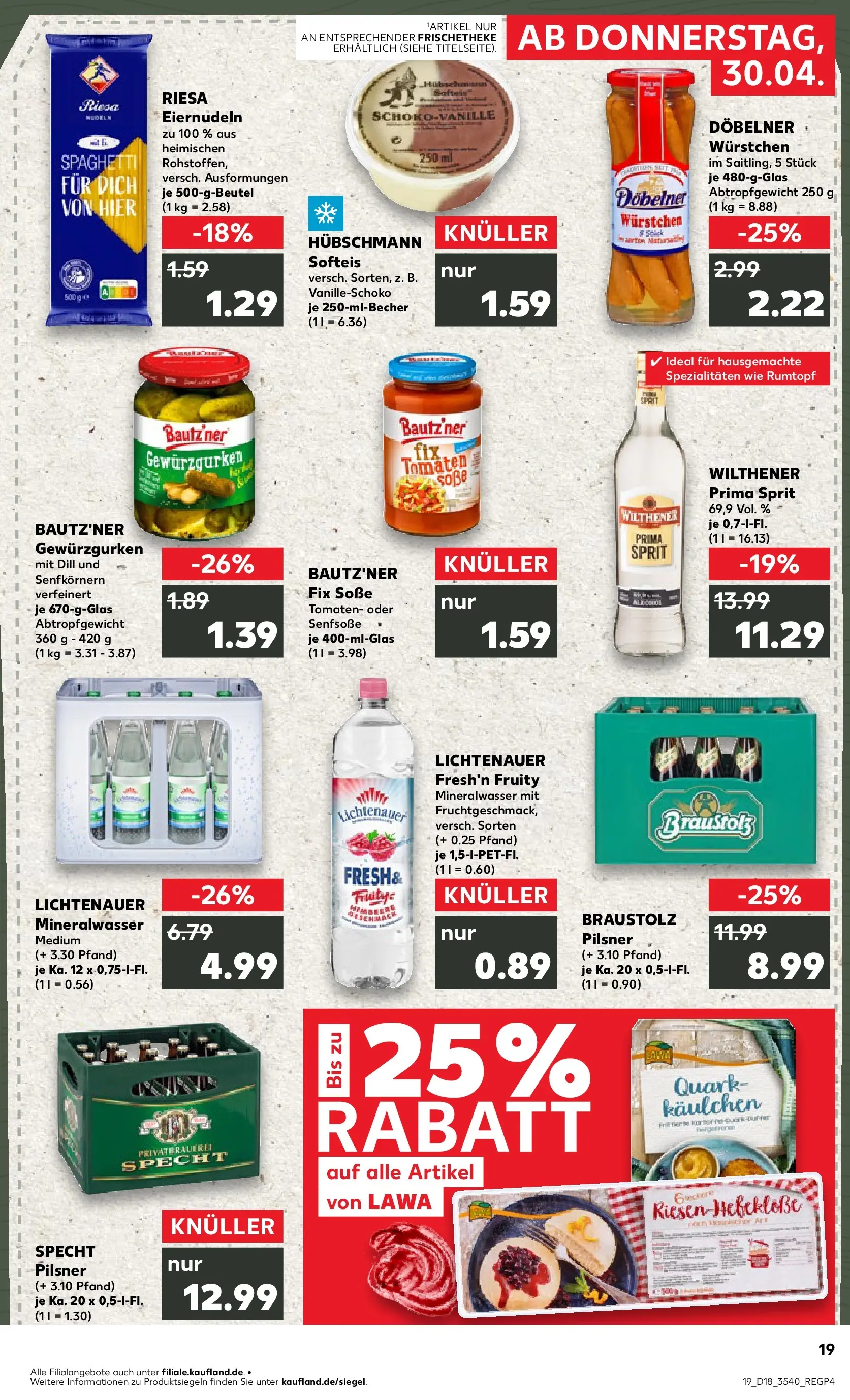 Prospekt Kaufland ab 30.04.2026 » Angebote Online zum Blättern | Seite: 19 | Produkte: Quark, Mineralwasser, Soße, Pasta
