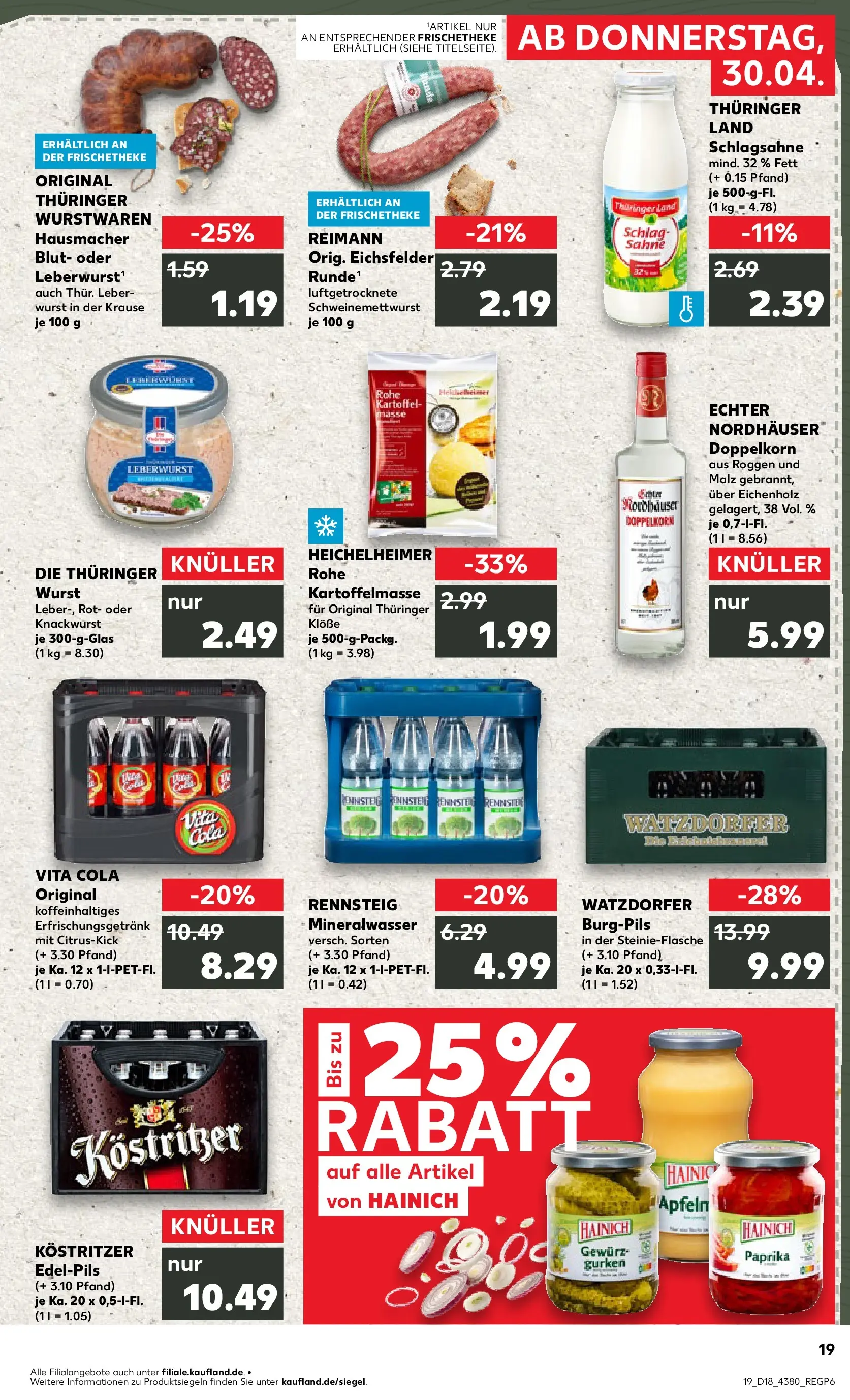 Prospekt Kaufland ab 30.04.2026 » Angebote Online zum Blättern | Seite: 19 | Produkte: Kostritzer, Wurst, Sahne, Gurken