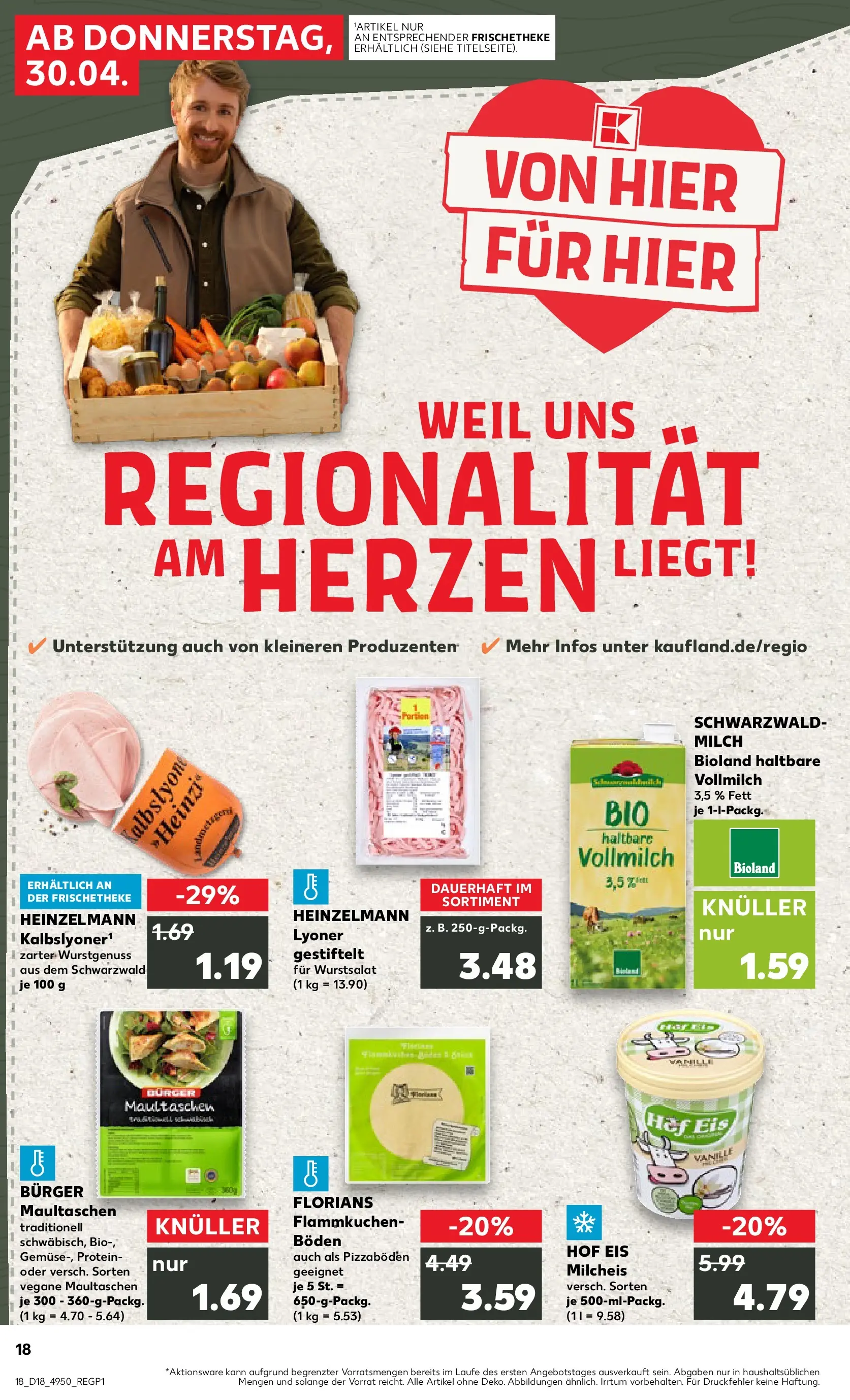 Prospekt Kaufland ab 30.04.2026 » Angebote Online zum Blättern | Seite: 18 | Produkte: Milch, Burger, Maultaschen, Eis