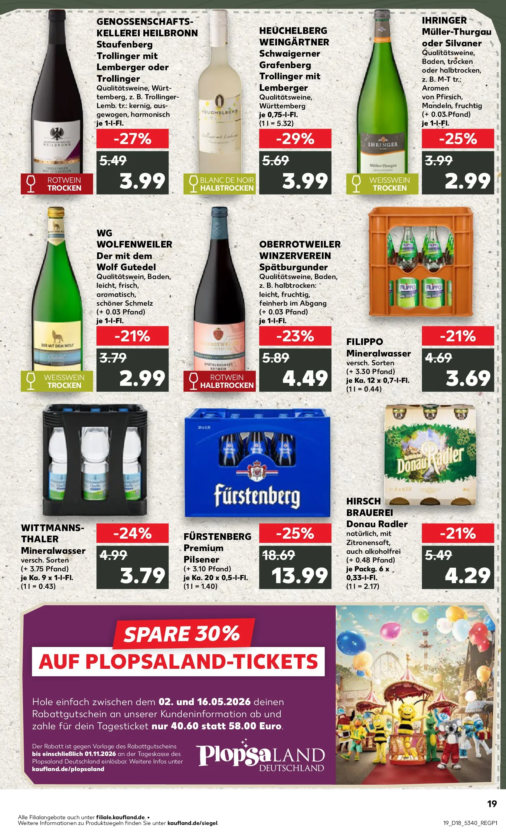 Prospekt Kaufland ab 30.04.2026 » Angebote Online zum Blättern | Seite: 19 | Produkte: Weißwein, Rotwein, Mineralwasser, Radler