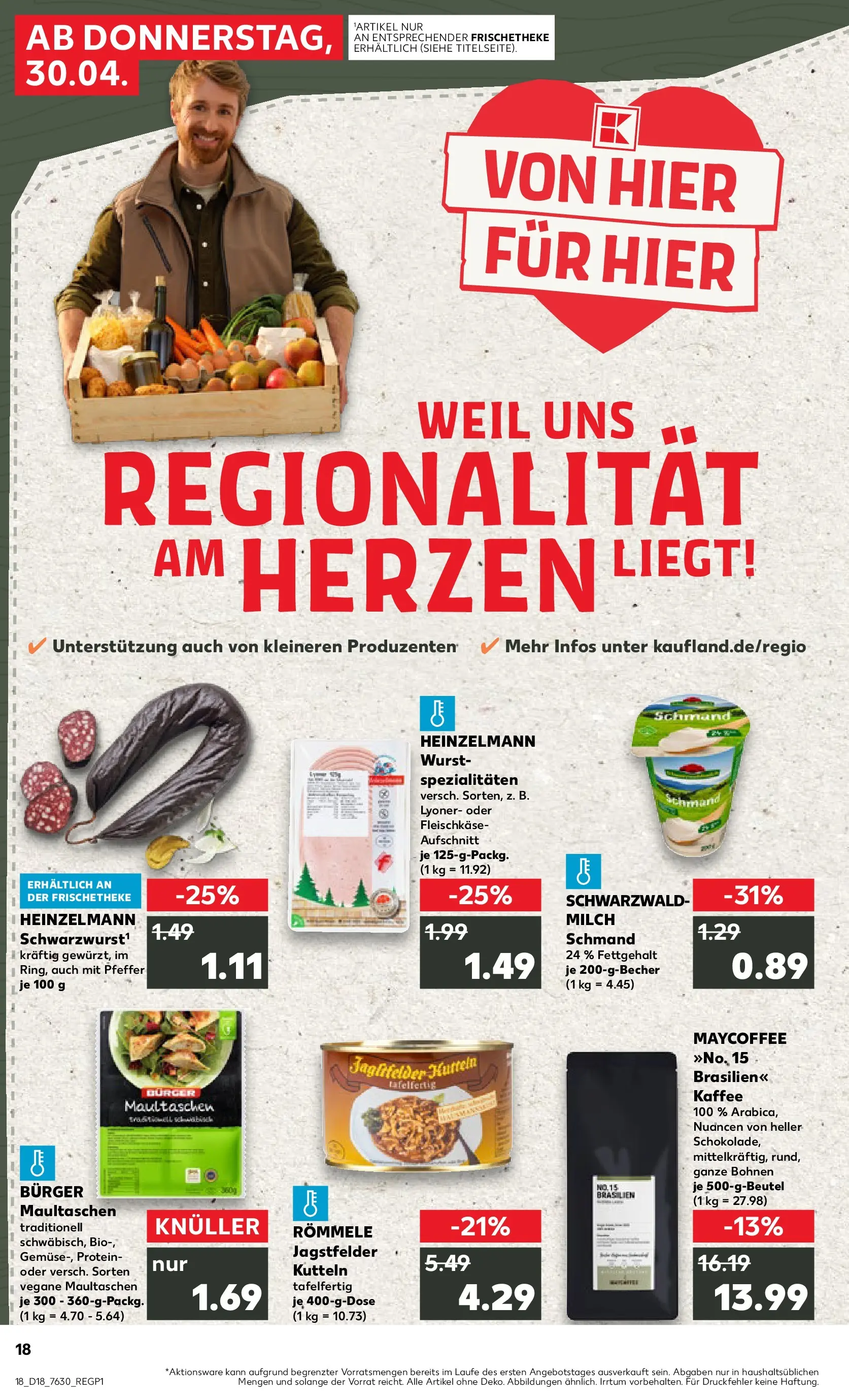 Prospekt Kaufland ab 30.04.2026 » Angebote Online zum Blättern | Seite: 18 | Produkte: Milch, Burger, Pfeffer, Maultaschen