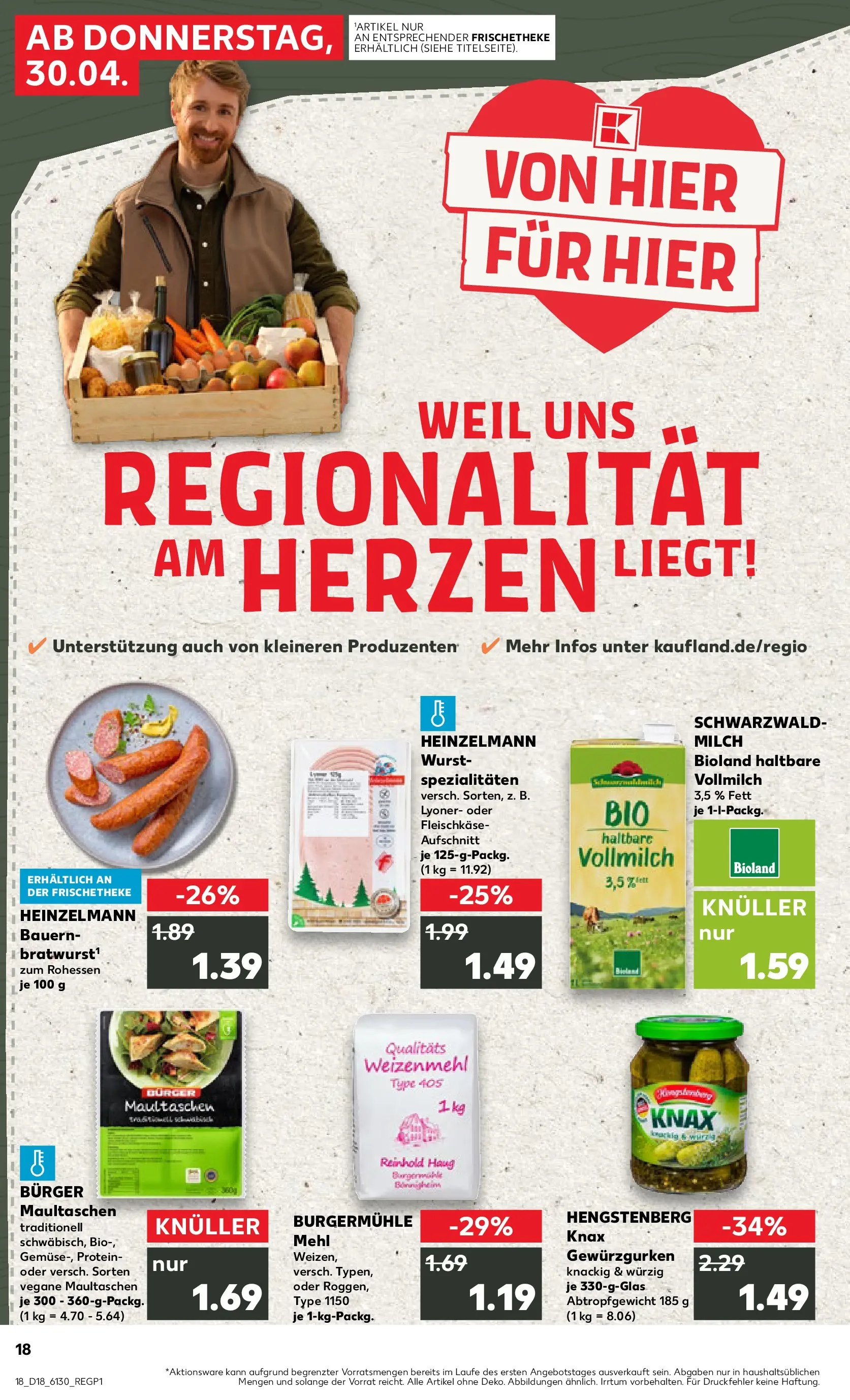 Prospekt Kaufland ab 30.04.2026 » Angebote Online zum Blättern | Seite: 18 | Produkte: Milch, Burger, Weizenmehl, Wurst