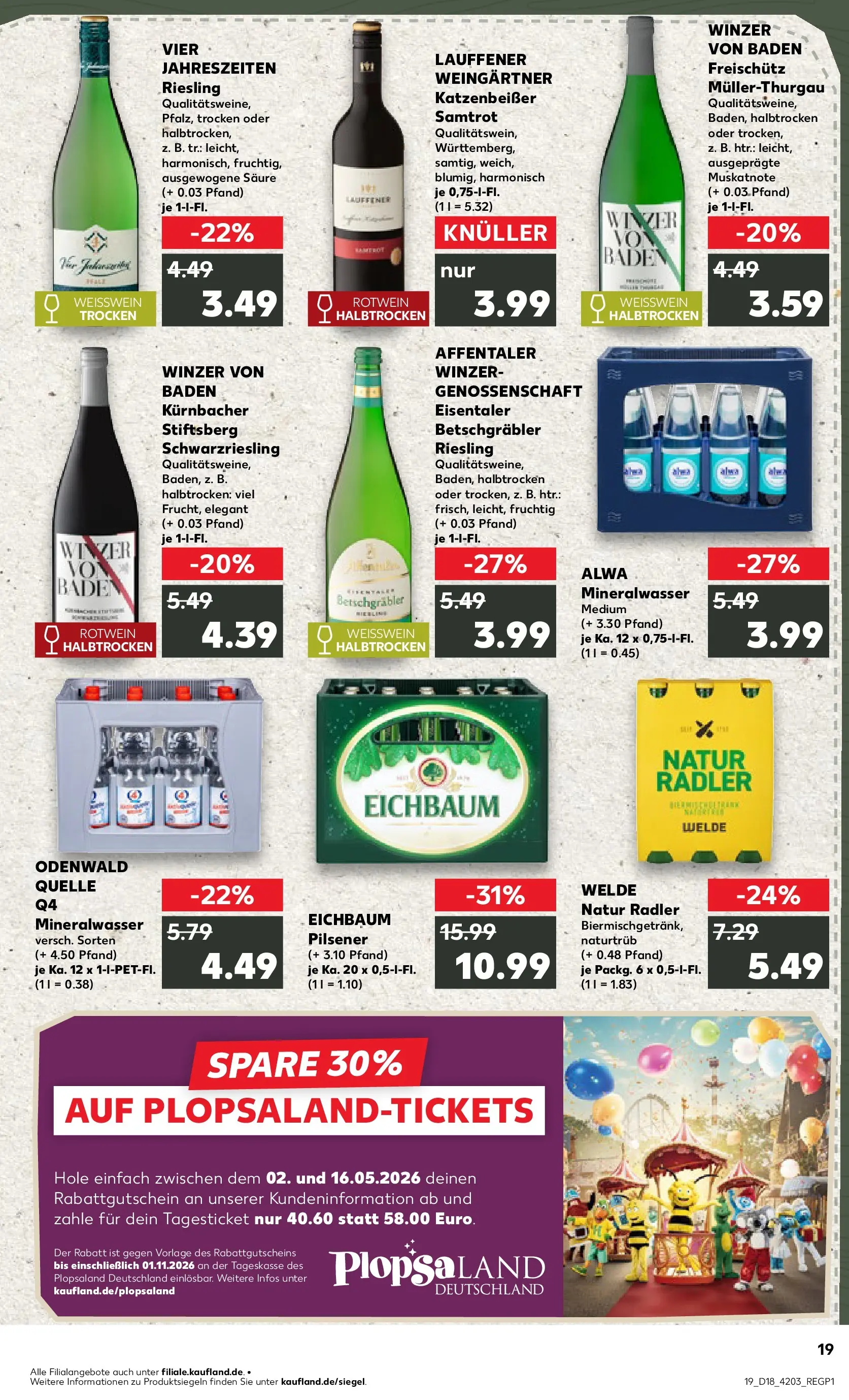 Prospekt Kaufland ab 30.04.2026 » Angebote Online zum Blättern | Seite: 19 | Produkte: Weißwein, Rotwein, Mineralwasser, Radler