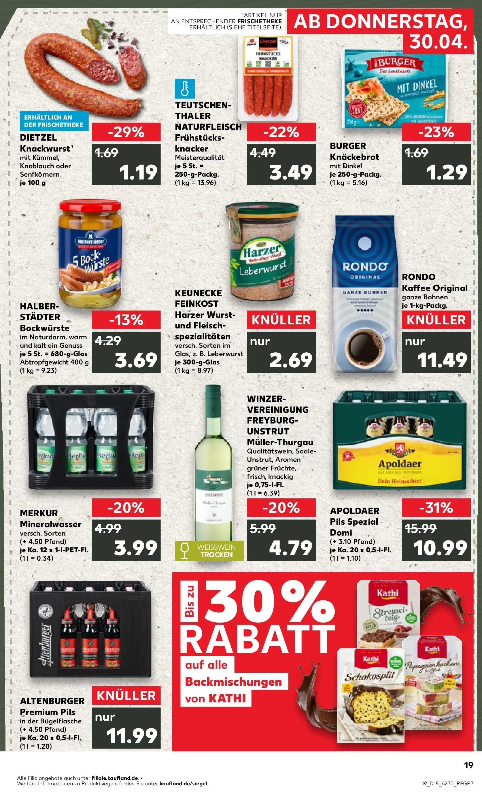 Prospekt Kaufland ab 30.04.2026 » Angebote Online zum Blättern | Seite: 19 | Produkte: Weißwein, Burger, Mineralwasser, Wurst