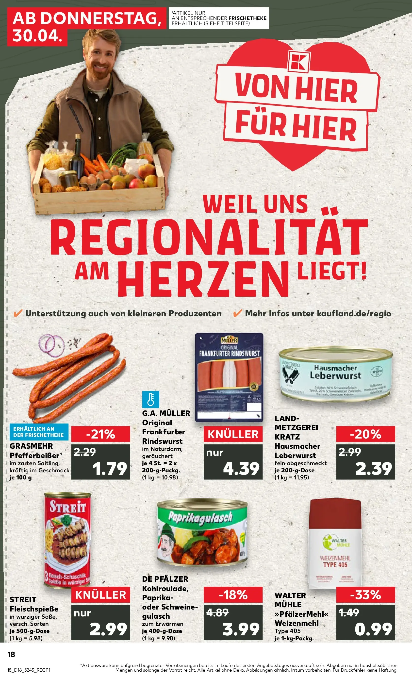 Prospekt Kaufland ab 30.04.2026 » Angebote Online zum Blättern | Seite: 18 | Produkte: Schweinegulasch, Mühle, Weizenmehl, Gulasch