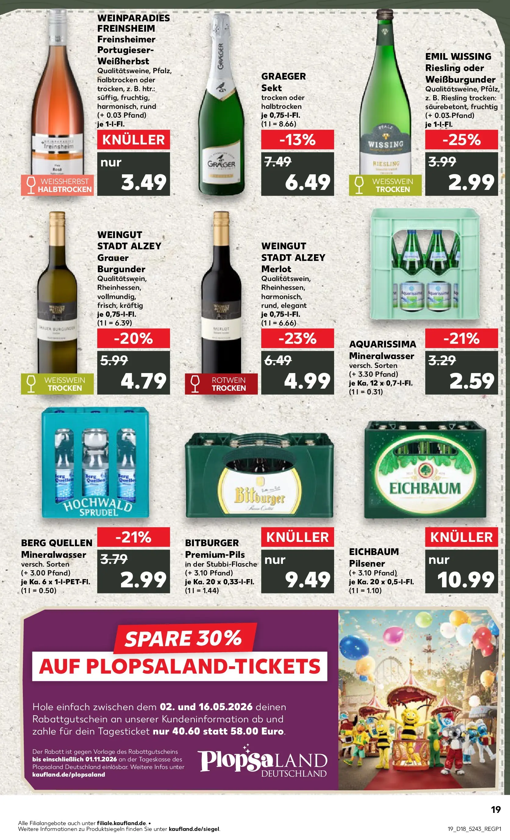 Prospekt Kaufland ab 30.04.2026 » Angebote Online zum Blättern | Seite: 19 | Produkte: Bitburger, Weißwein, Sekt, Mineralwasser