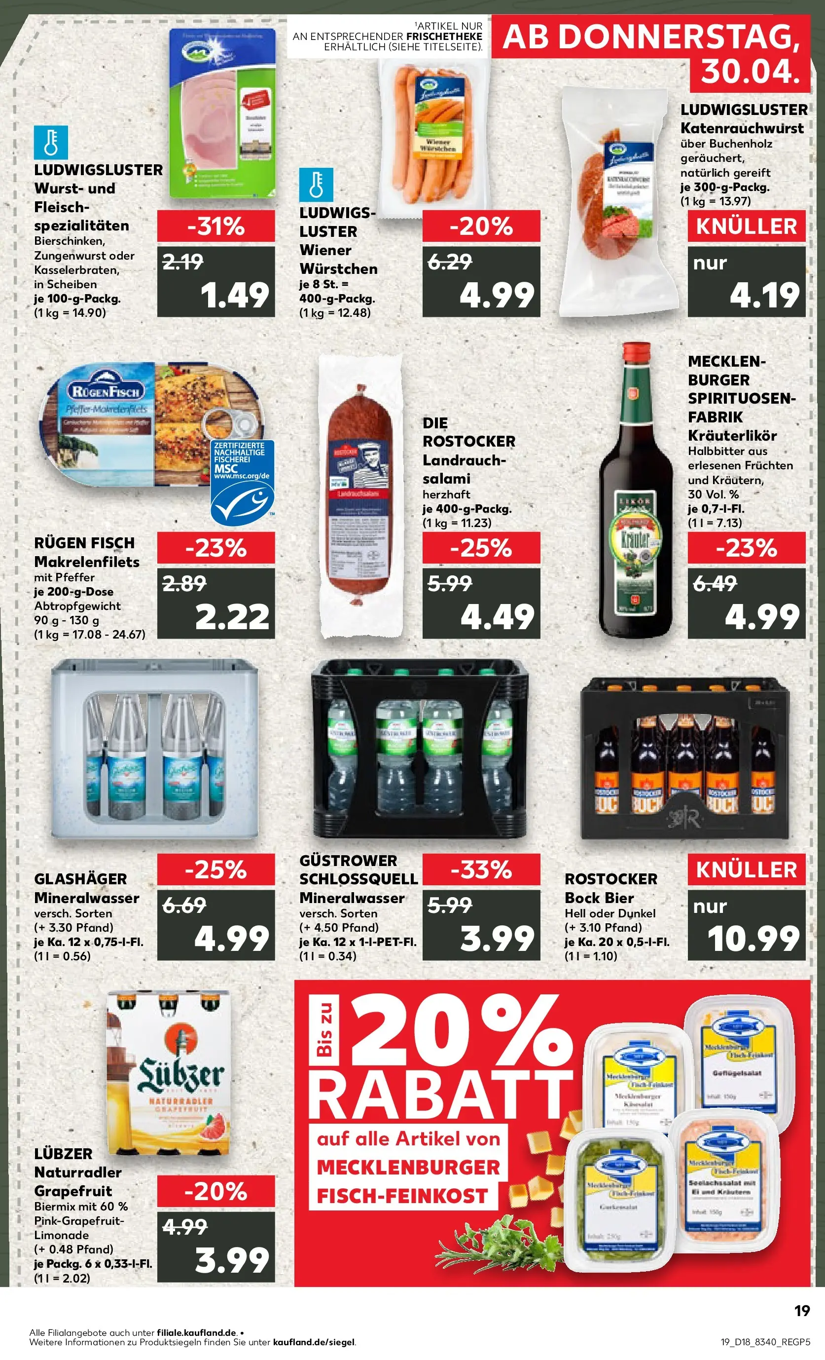 Prospekt Kaufland ab 30.04.2026 » Angebote Online zum Blättern | Seite: 19 | Produkte: Wiener wurstchen, Burger, Mineralwasser, Lubzer