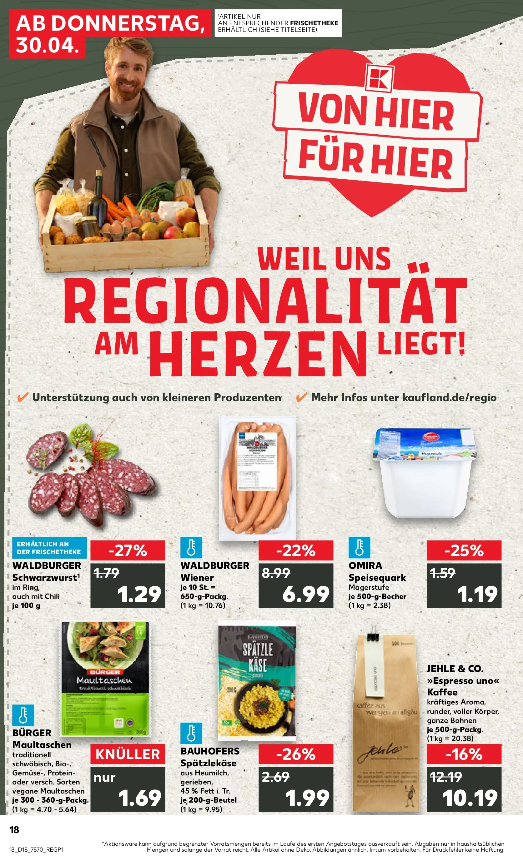 Prospekt Kaufland ab 30.04.2026 » Angebote Online zum Blättern | Seite: 18 | Produkte: Käse, Kaffee, Burger, Speisequark