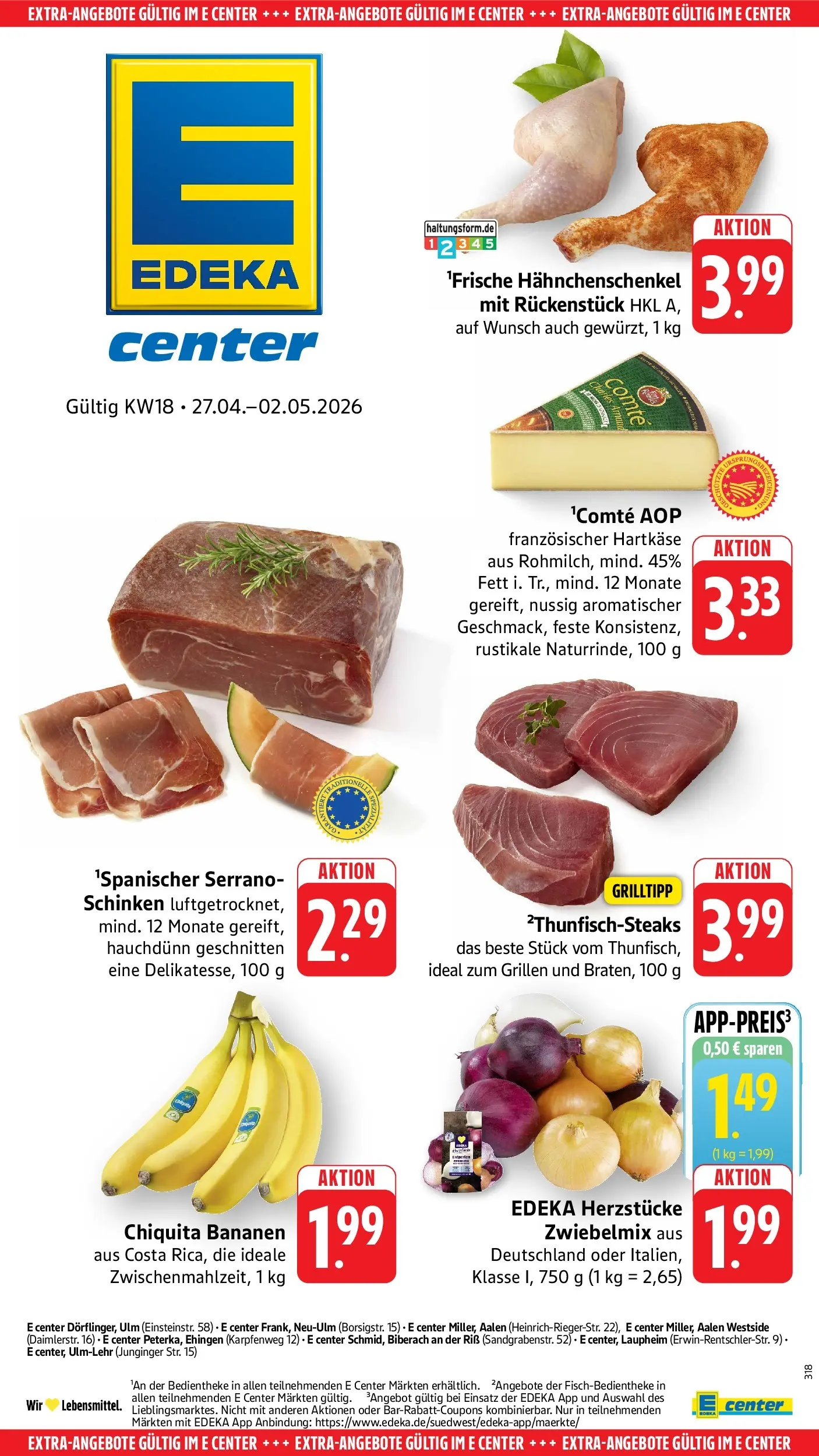 E center Prospekt Aalen	 (ab 26.04.2026) zum Blättern | Seite: 53 | Produkte: Hahnchenschenkel, Bananen, Schinken