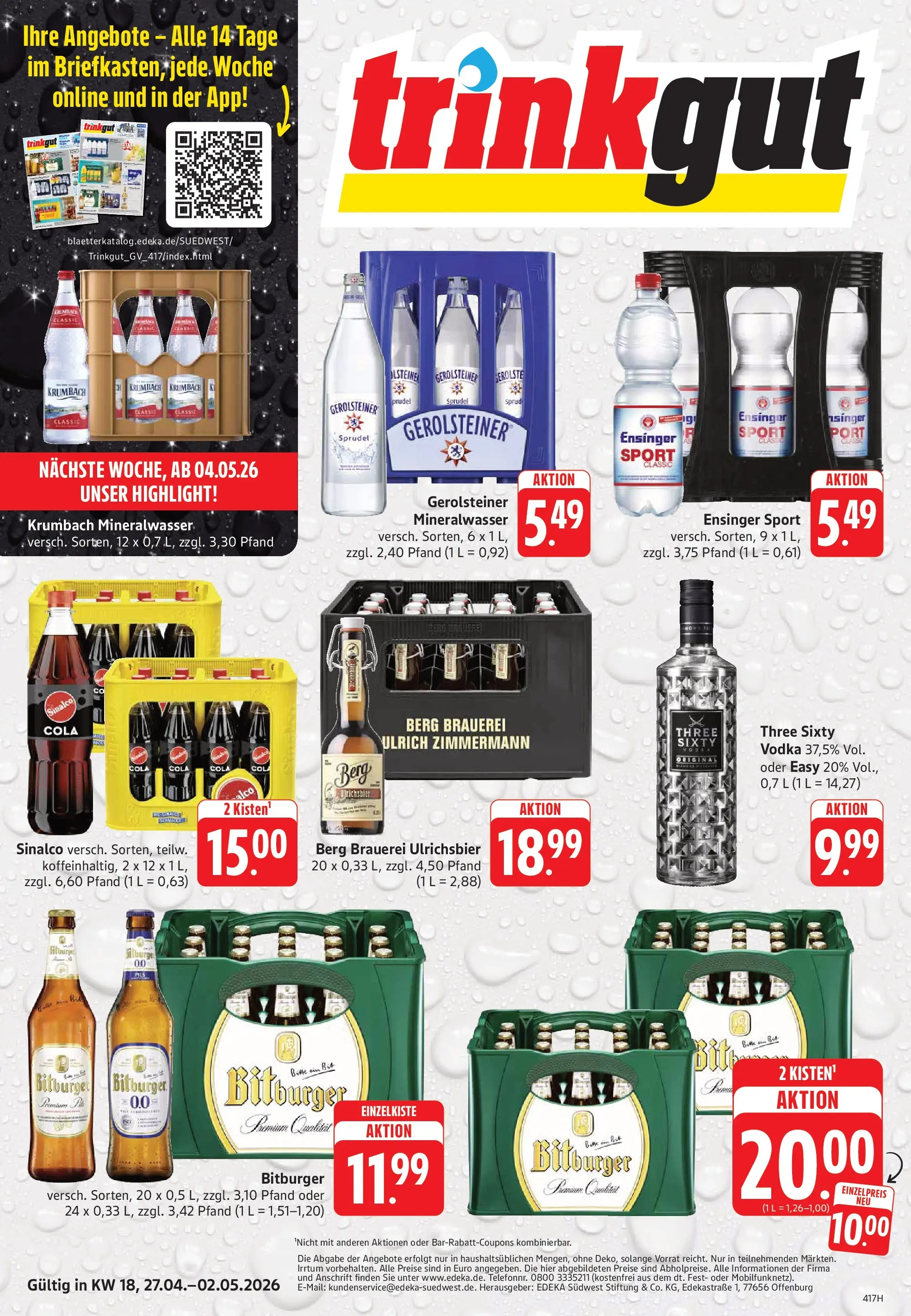 Trinkgut Prospekt Großbottwar	 (ab 27.04.2026) » Angebote online | Seite: 1 | Produkte: Sinalco, Bitburger, Mineralwasser, Vodka