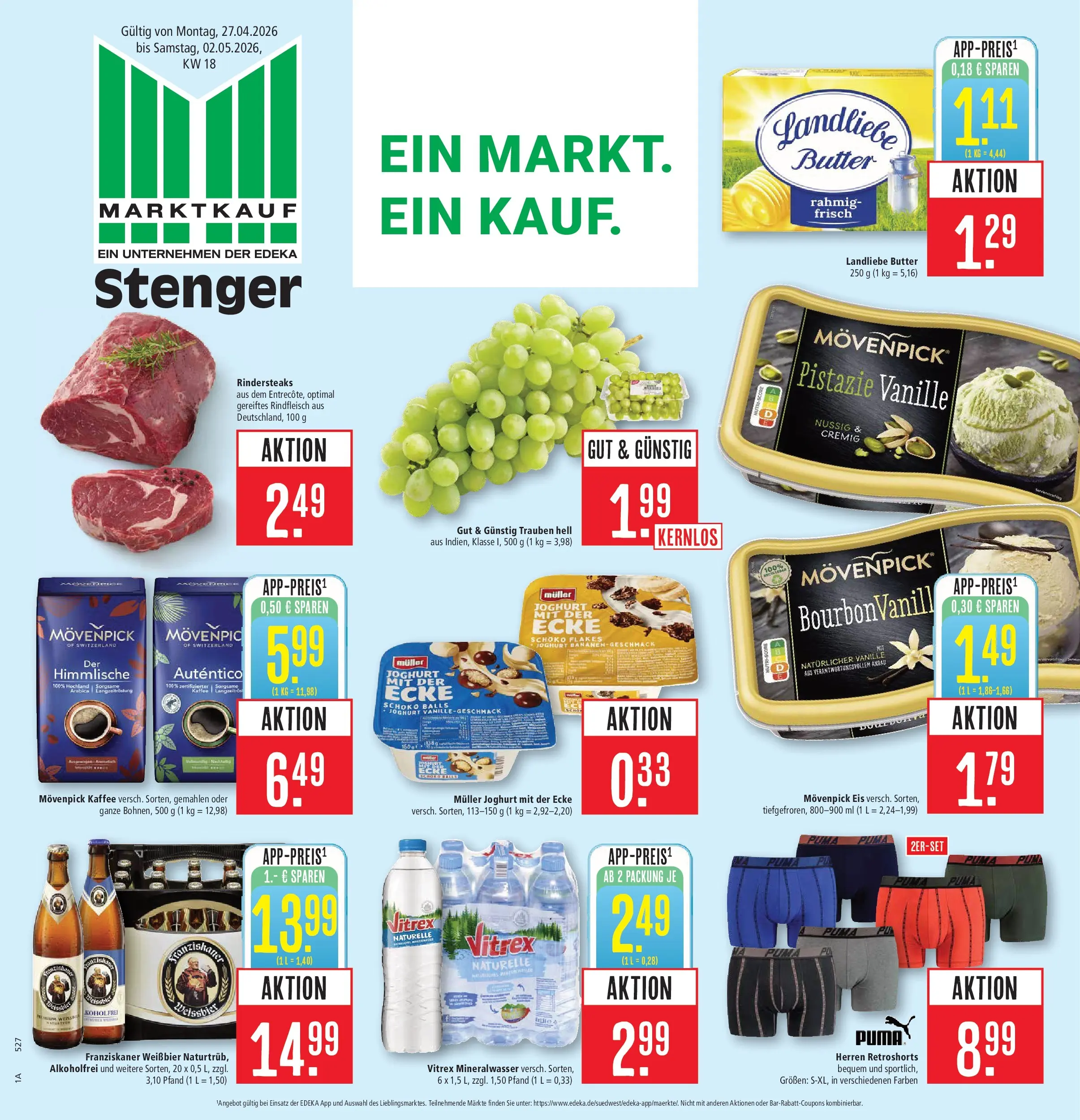 Marktkauf Prospekt Aschaffenburg	 (ab 27.04.2026) » Angebote online | Seite: 1 | Produkte: Butter, Trauben, Mineralwasser, Movenpick eis