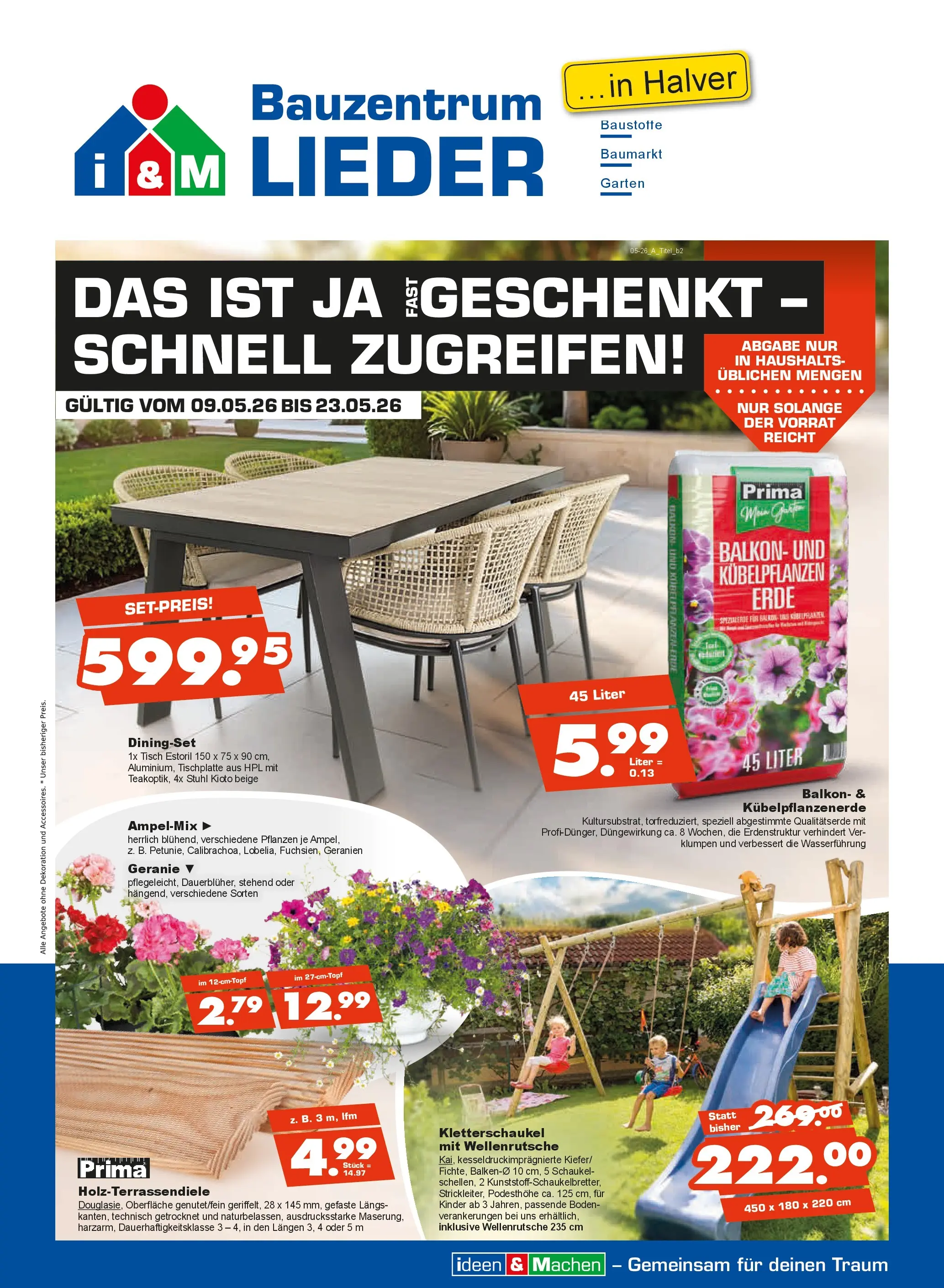 Angebote - Bauzentrum Lieder: Schnell zugreifen (ab 08.05.2026) zum Blättern | Seite: 1 | Produkte: Tisch, Stuhl, Geranien
