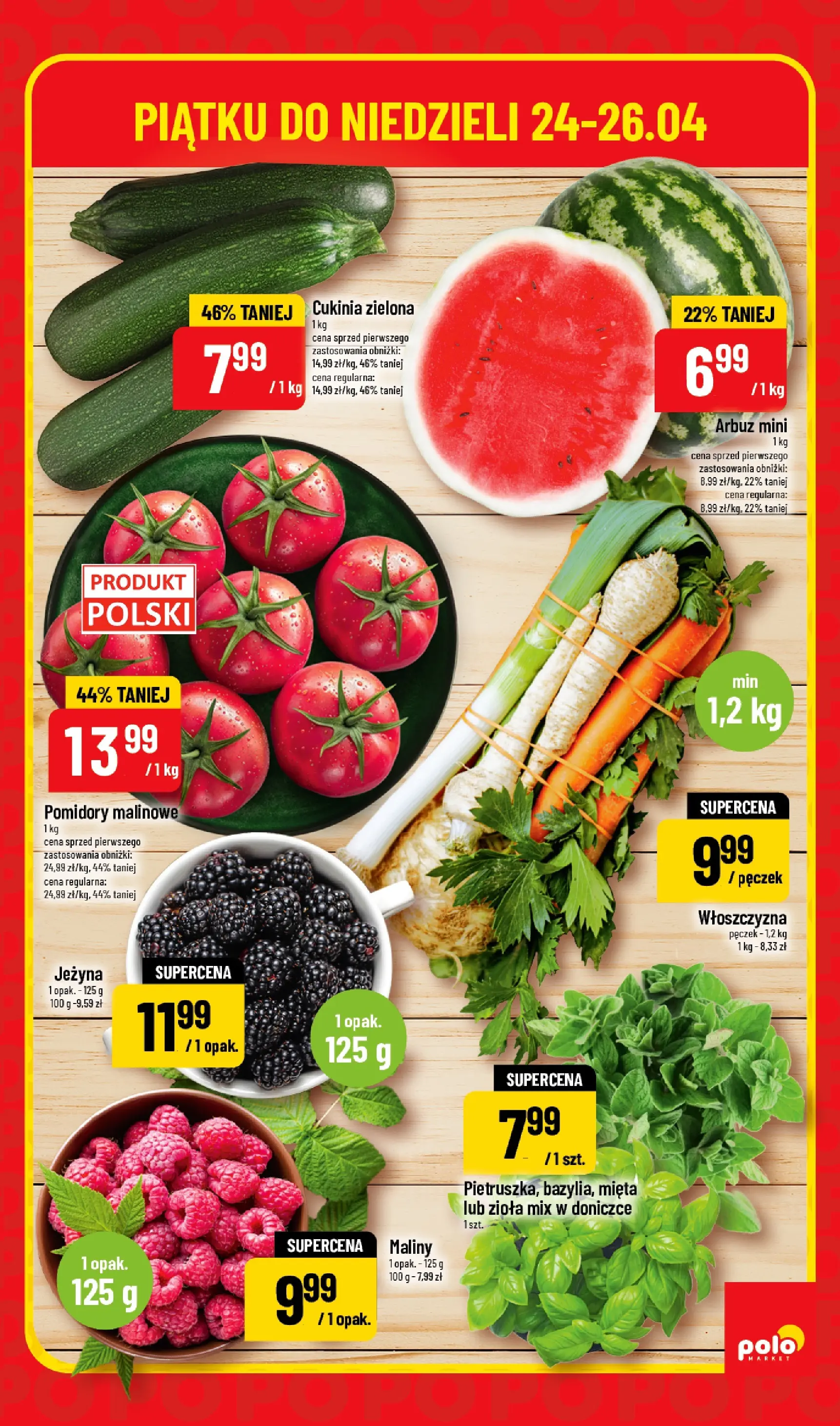 Nowa POLOmarket gazetka od jutra 24.04.2026 | Strona: 3 | Produkty: Arbuz, Maliny, Mięta, Pomidory