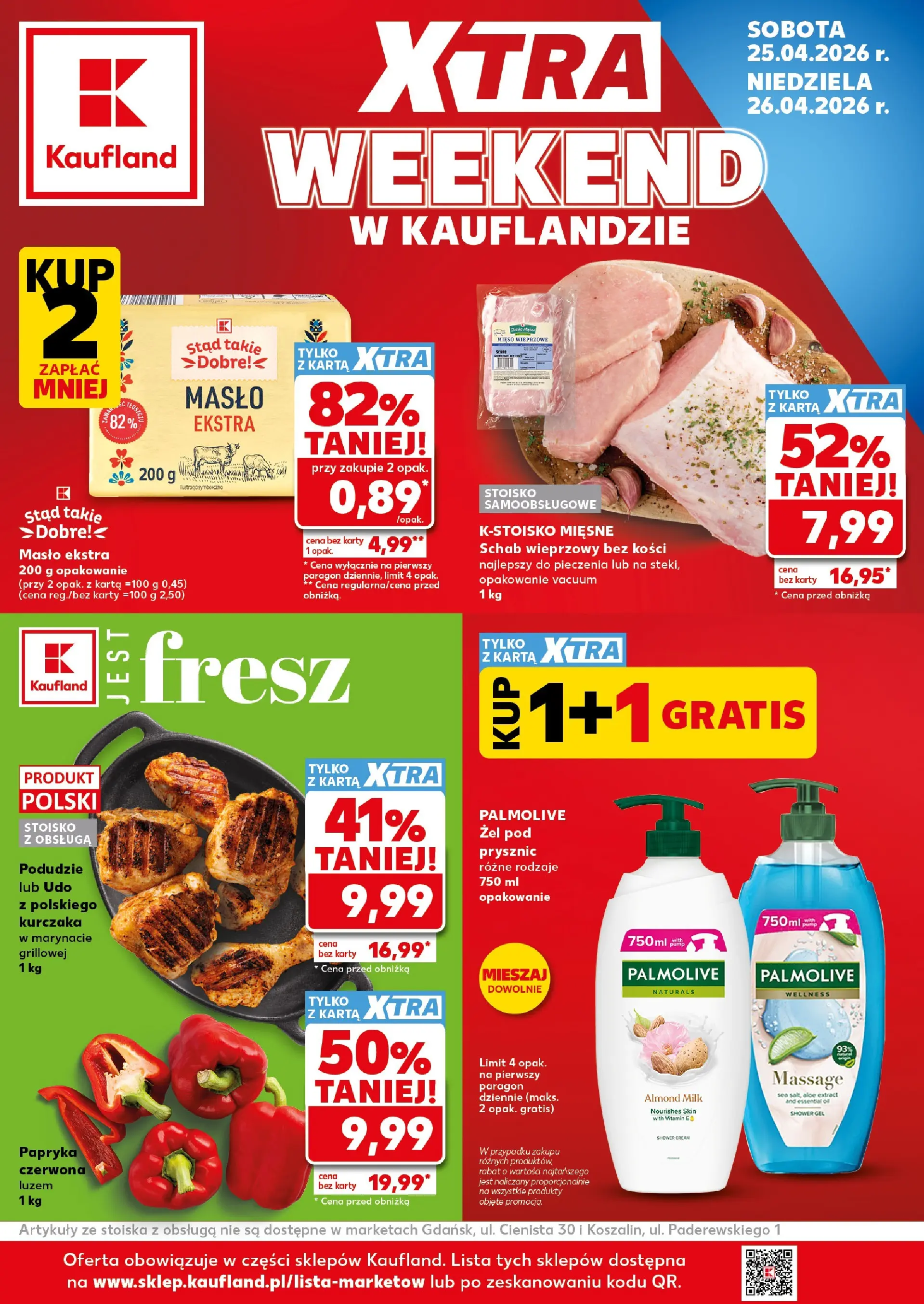 Kaufland gazetka - Super Weekend od 25.04.2026 - od jutra PDF | Strona: 1 | Produkty: Karta, Mięso, Schab wieprzowy bez kości, Masło