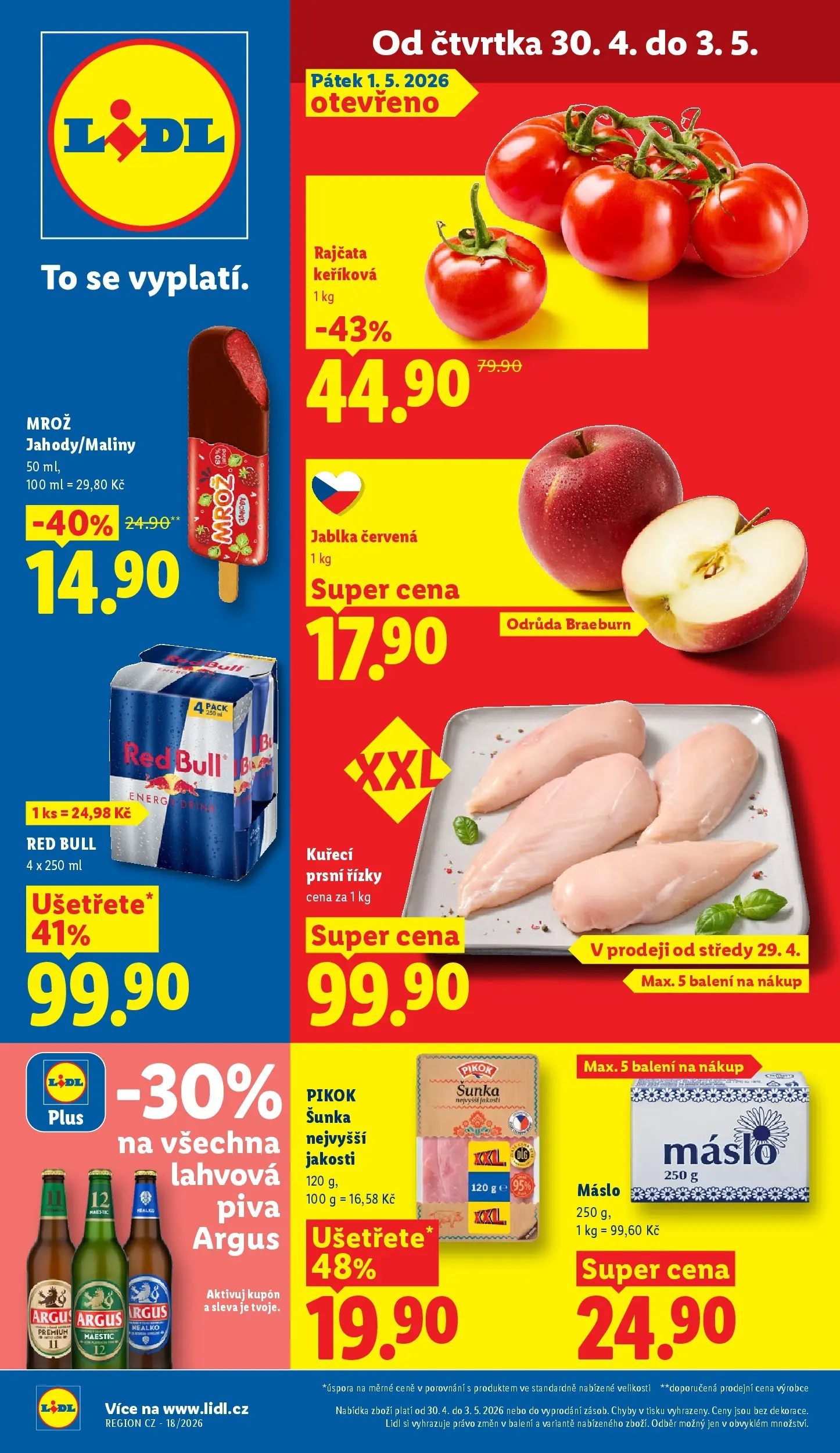Lidl leták od 29.04.2026 - Nový akční leták | Strana: 1 | Produkty: Máslo, Šunka, Argus, Kuřecí prsní řízky