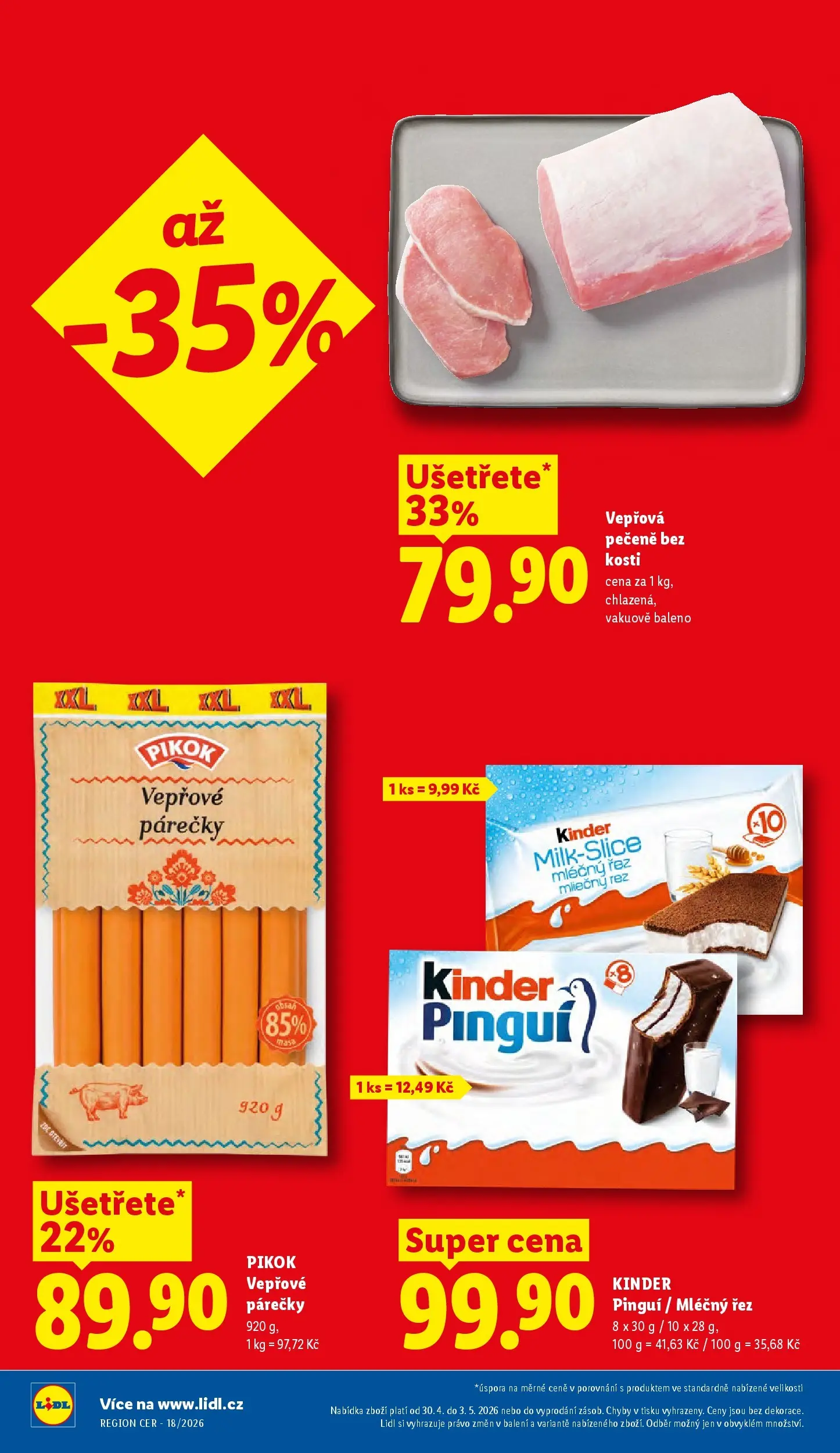 Lidl leták od 29.04.2026 - Nový akční leták | Strana: 2 | Produkty: Vepřová pečeně, Kinder Pinguí, Kinder, Pikok