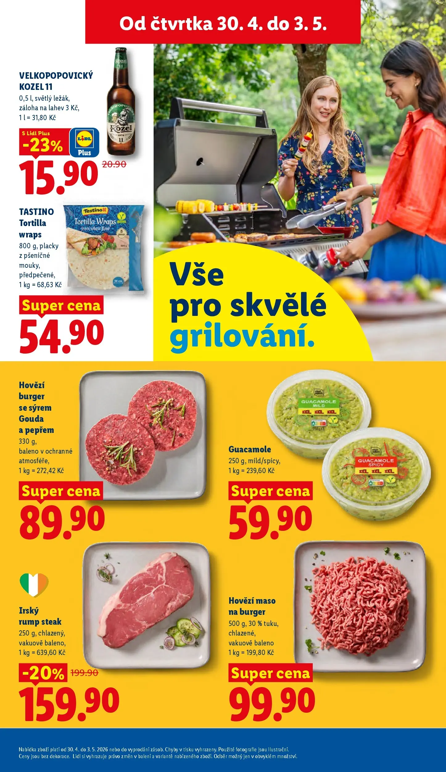 Lidl leták od 29.04.2026 - Nový akční leták | Strana: 15 | Produkty: Hovězí maso, Tortilla wraps, Maso na burger, Kozel 11