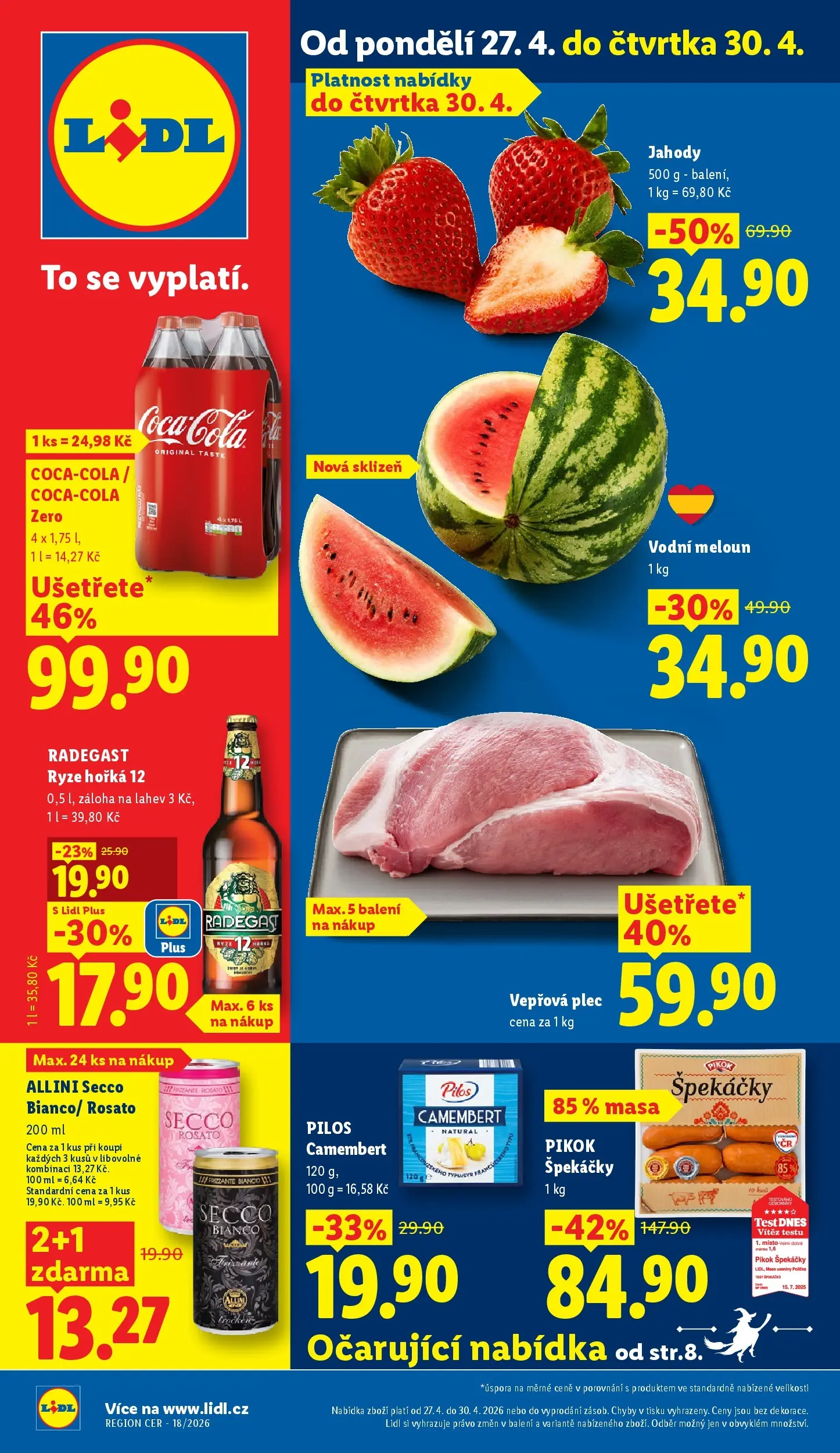 Lidl leták od 26.04.2026 - Nový akční leták | Strana: 1 | Produkty: Radegast Ryze Hořká 12, Jahody, Radegast, Vepřová plec