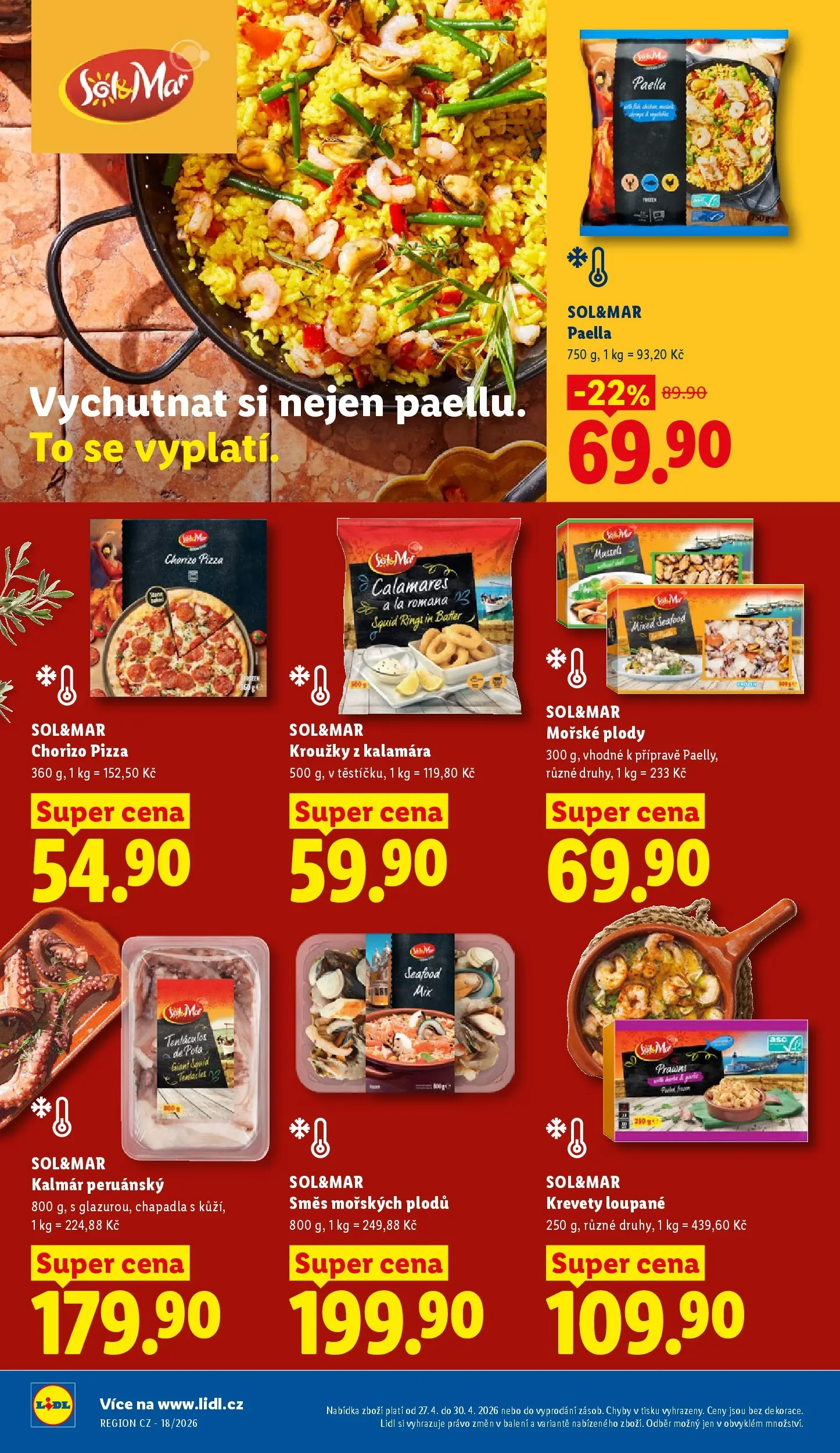 Lidl leták od 26.04.2026 - Nový akční leták | Strana: 16 | Produkty: Pizza, Krevety loupané, Paella, Chorizo