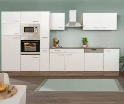 K&uuml;chenblock mit Ger&auml;ten ca. 370 cm Wei&szlig;/Eichenfarbe