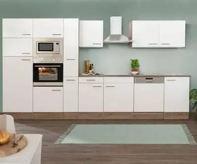 K&uuml;chenblock mit Ger&auml;ten ca. 370 cm Wei&szlig;/Eichenfarbe