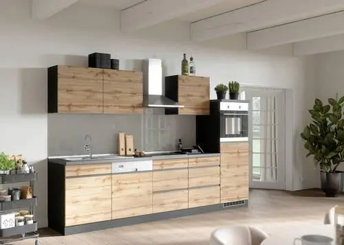 K&uuml;chenzeile Turin mit Ger&auml;ten ca. 300 cm Graphit/Eiche