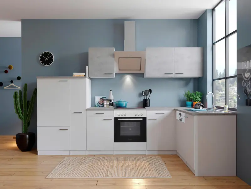 Eckk&uuml;che Malia mit Ger&auml;ten ca. 310x172 cm Wei&szlig;/Grau