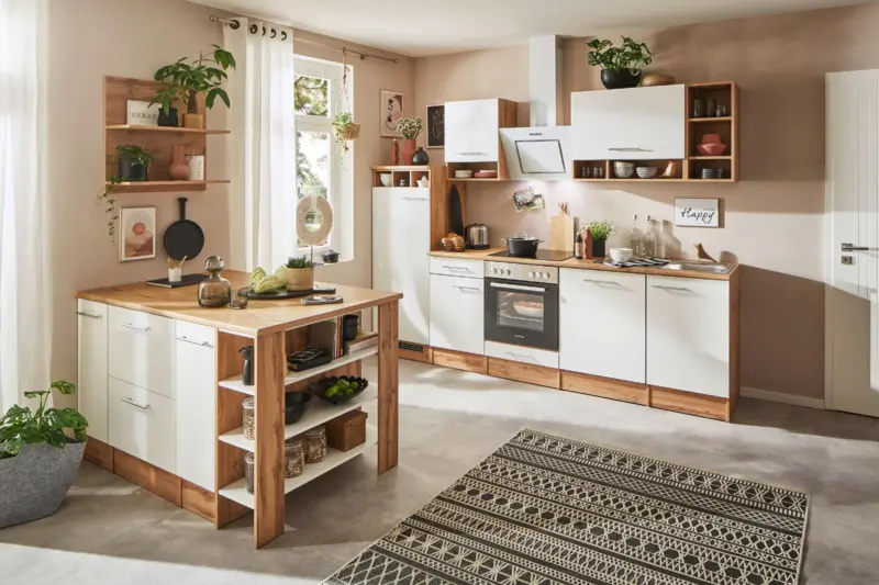 K&uuml;chenblock Hilde m. Insel m. Ger&auml;ten ca.280cm Wei&szlig;/Eiche