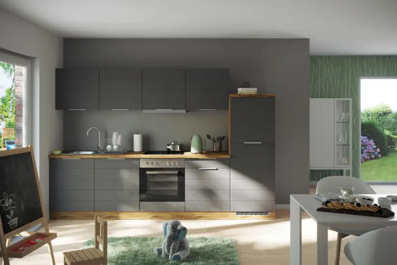 K&uuml;chenzeile Florenz ohne Ger&auml;te ca. 300 cm Grau/Eiche