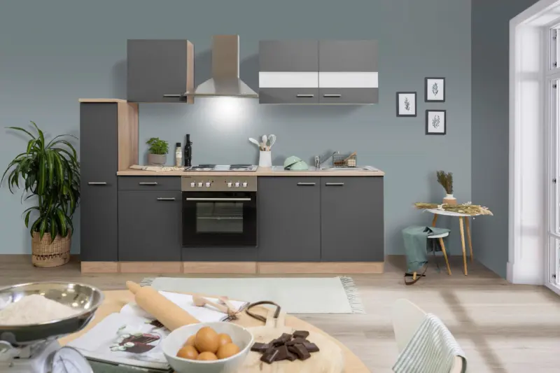 K&uuml;chenblock Merle mit Ger&auml;ten ca. 240 cm Grau