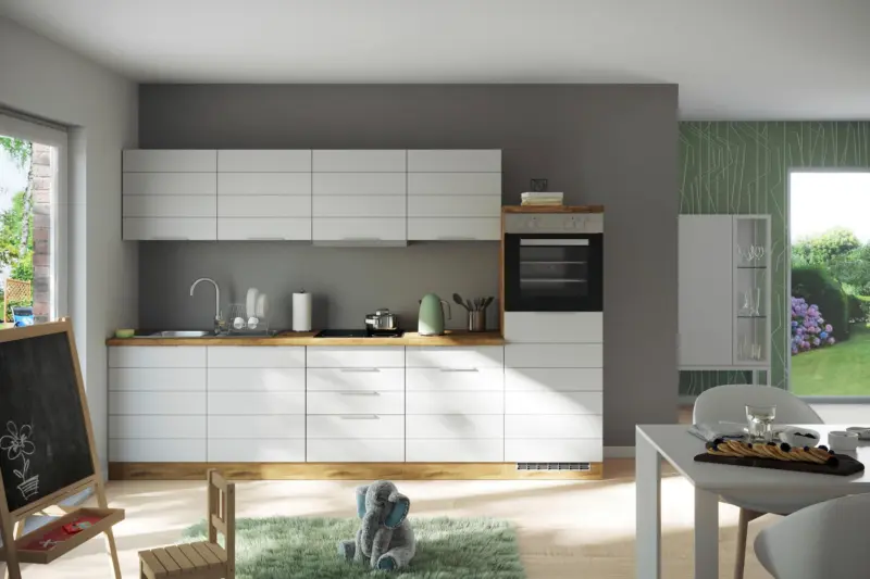 K&uuml;chenblock Florenz mit Ger&auml;ten ca. 300 cm Wei&szlig;/Eiche