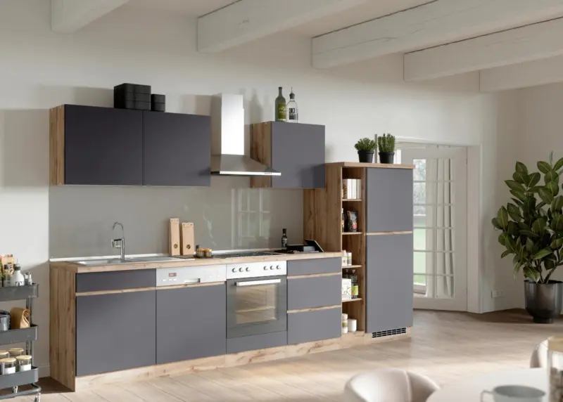 K&uuml;chenblock Turin mit Ger&auml;ten c.a 330 cm Grau/Eiche