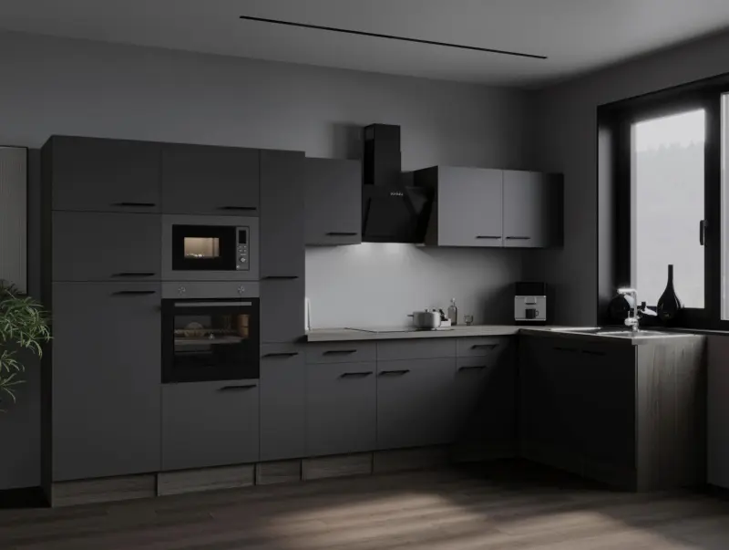 Eckk&uuml;che Oliver m. Ger&auml;ten ca. 370x172cm Grau/Eichefarben