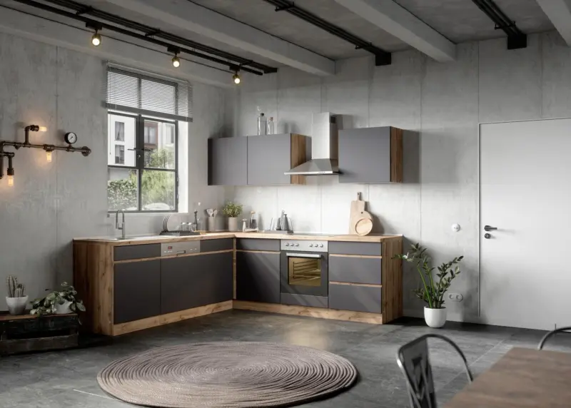 Eckk&uuml;che Turin mit Ger&auml;ten ca. 240x240 cm Grau/Eiche