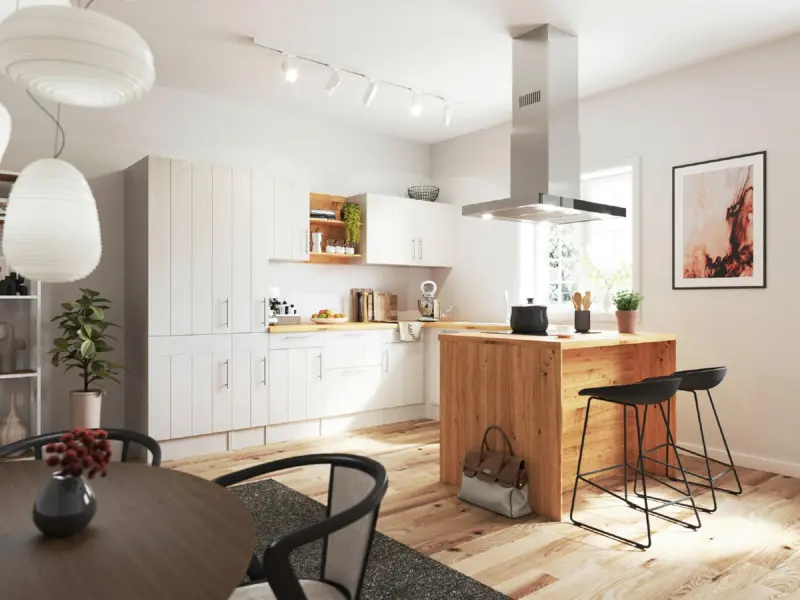 Eckk&uuml;che Anton mit Ger&auml;ten ca. 310x172 cm Wei&szlig;/L&auml;rche