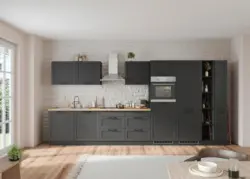 K&uuml;chenzeile Meran mit Ger&auml;ten ca. 420 cm Grau/Eiche Dekor