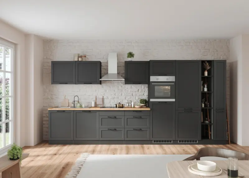 K&uuml;chenzeile Meran mit Ger&auml;ten ca. 420 cm Grau/Eiche Dekor