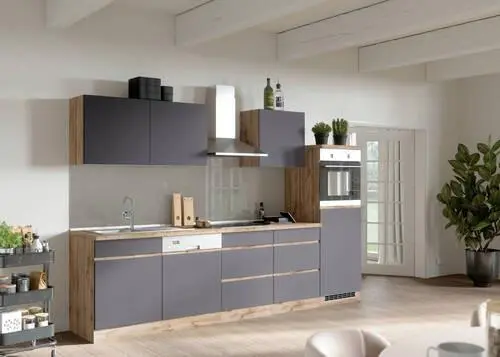 K&uuml;chenzeile Turin mit Ger&auml;ten ca. 300 cm Grau/Wotaneiche
