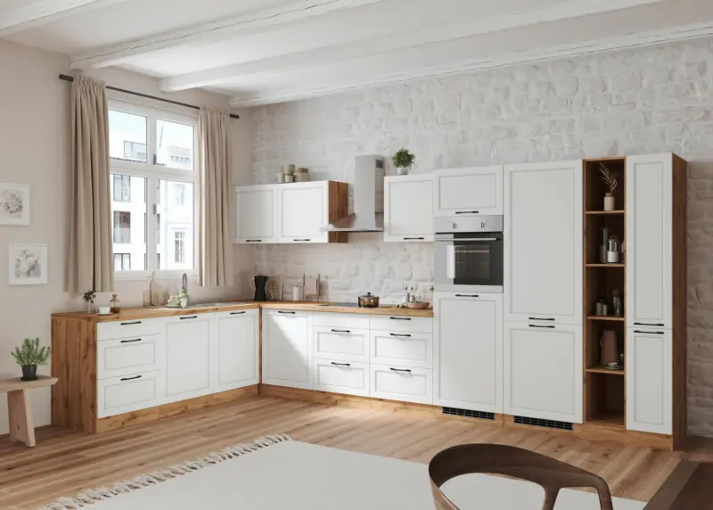 Eckk&uuml;che Meran mit Ger&auml;ten ca. 240x420 cm Wei&szlig;/Eiche