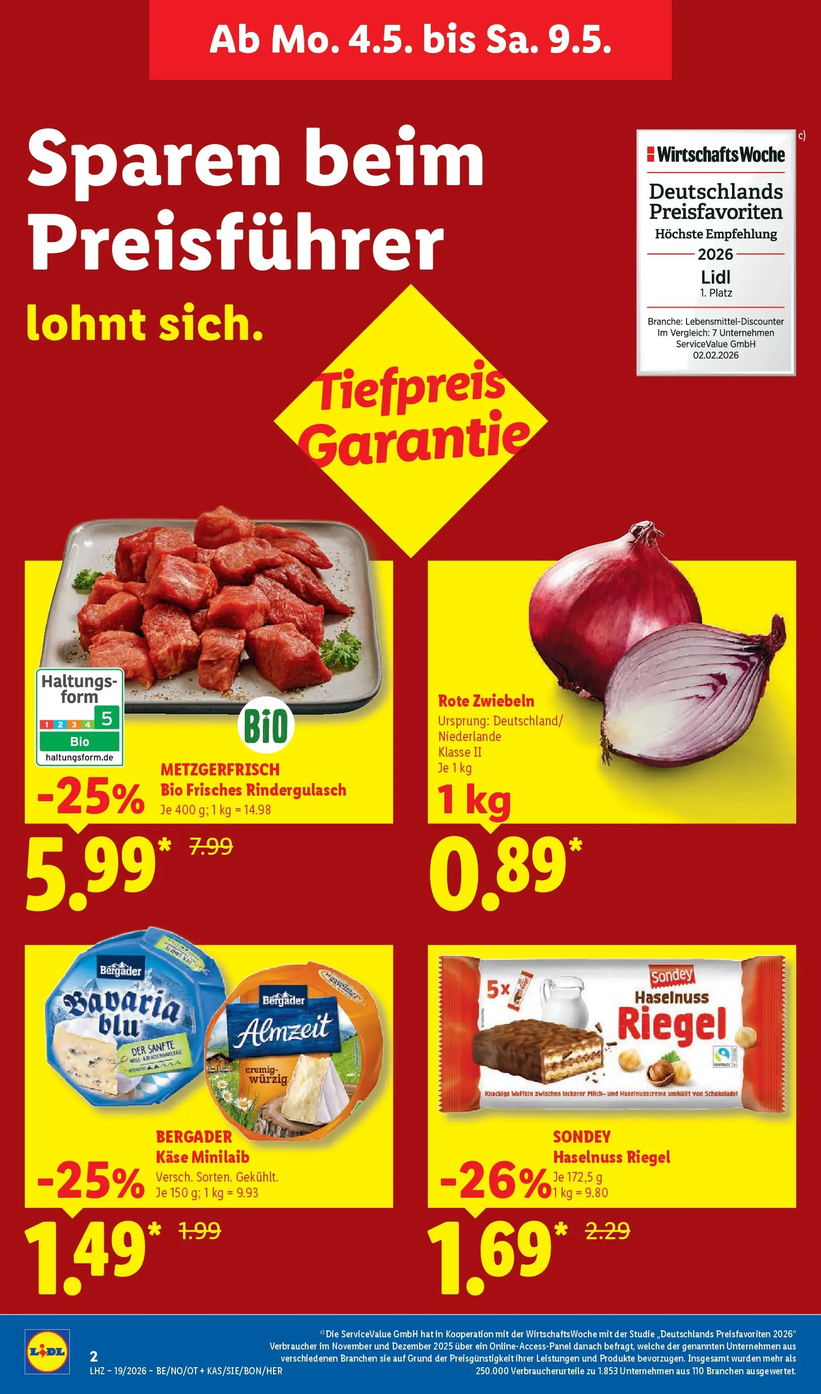 Lidl Prospekt Emlichheim (ab 04.05.2026) zum Blättern » Angebote | Seite: 6 | Produkte: Rindergulasch, Milch, Käse, Zwiebeln