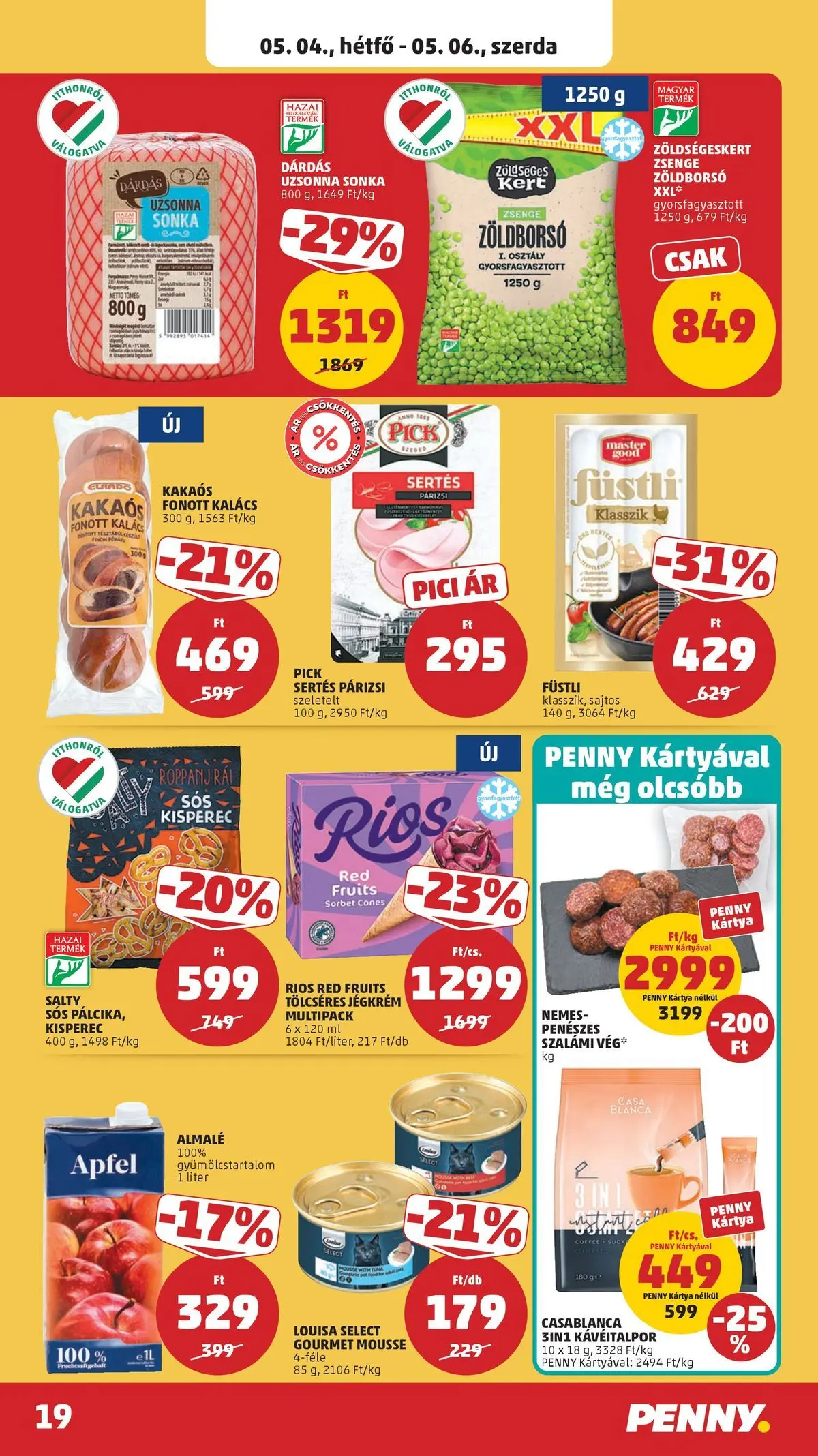 PENNY - Penny újság érvényessége 2026.05.06-ig: 2026.04.29.-tól lapozható | Oldal: 19 | Termékek: Kisperec, Pick, Almalé, Párizsi