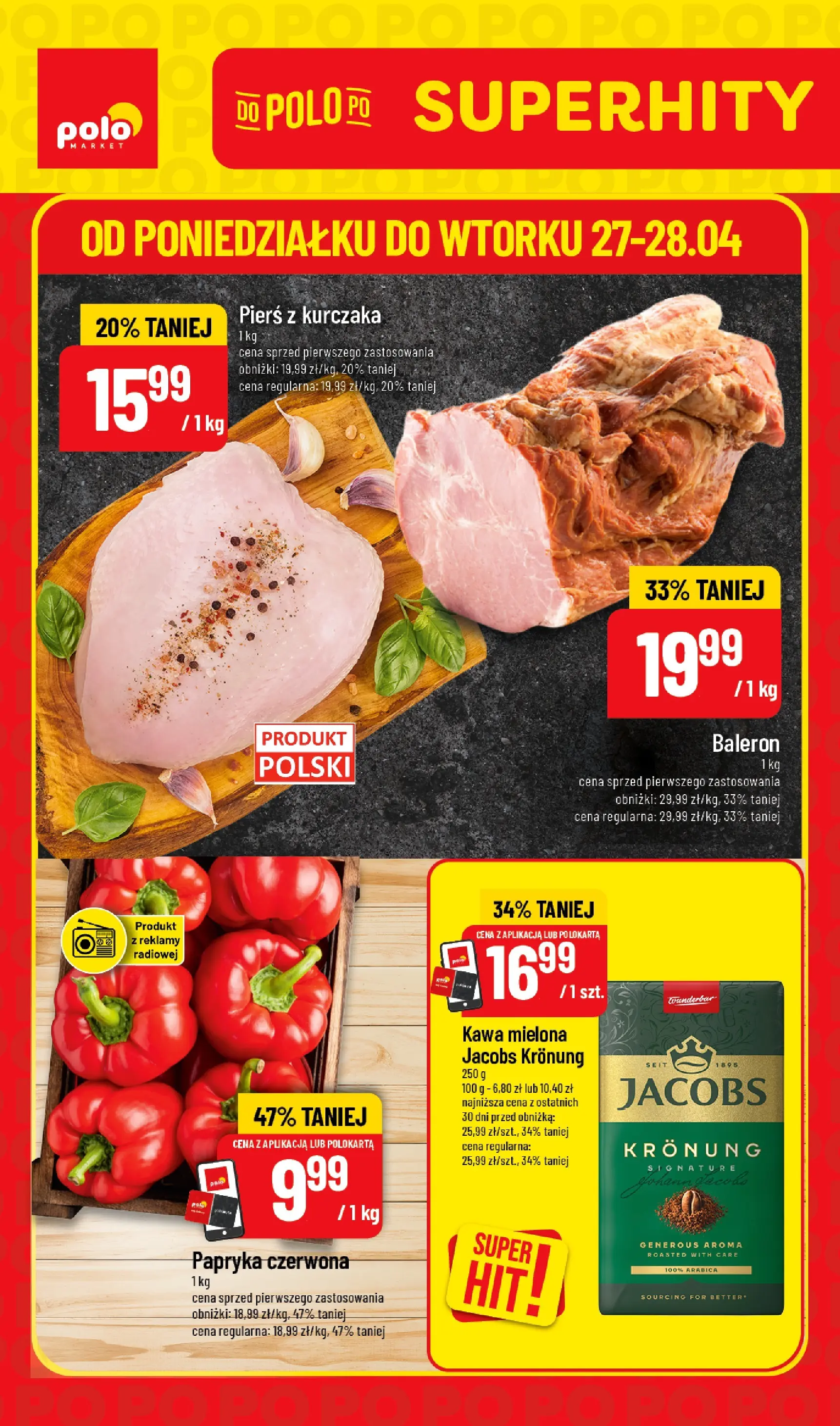 Nowa POLOmarket gazetka od jutra 27.04.2026 | Strona: 1 | Produkty: Pierś z kurczaka, Papryka, Papryka czerwona, Kawa