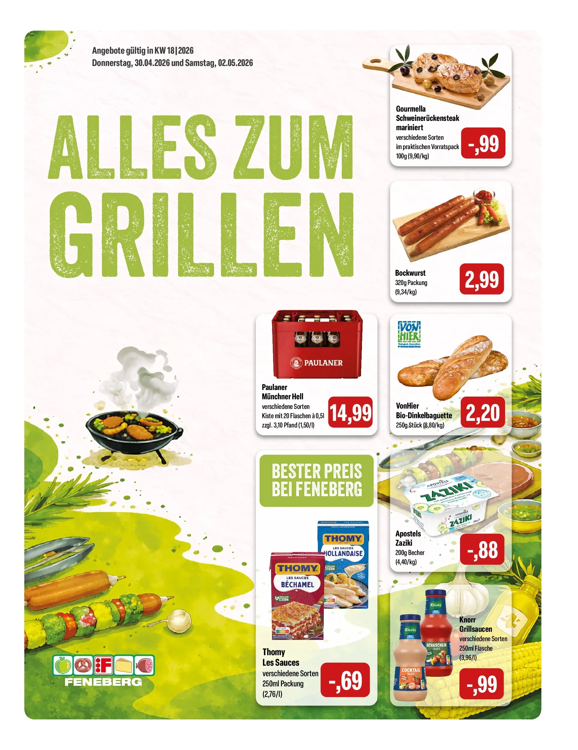 Feneberg Aktuelle Angebote (ab 30.04.2026) zum Blättern | Seite: 1 | Produkte: Bockwurst, Knorr, Paulaner