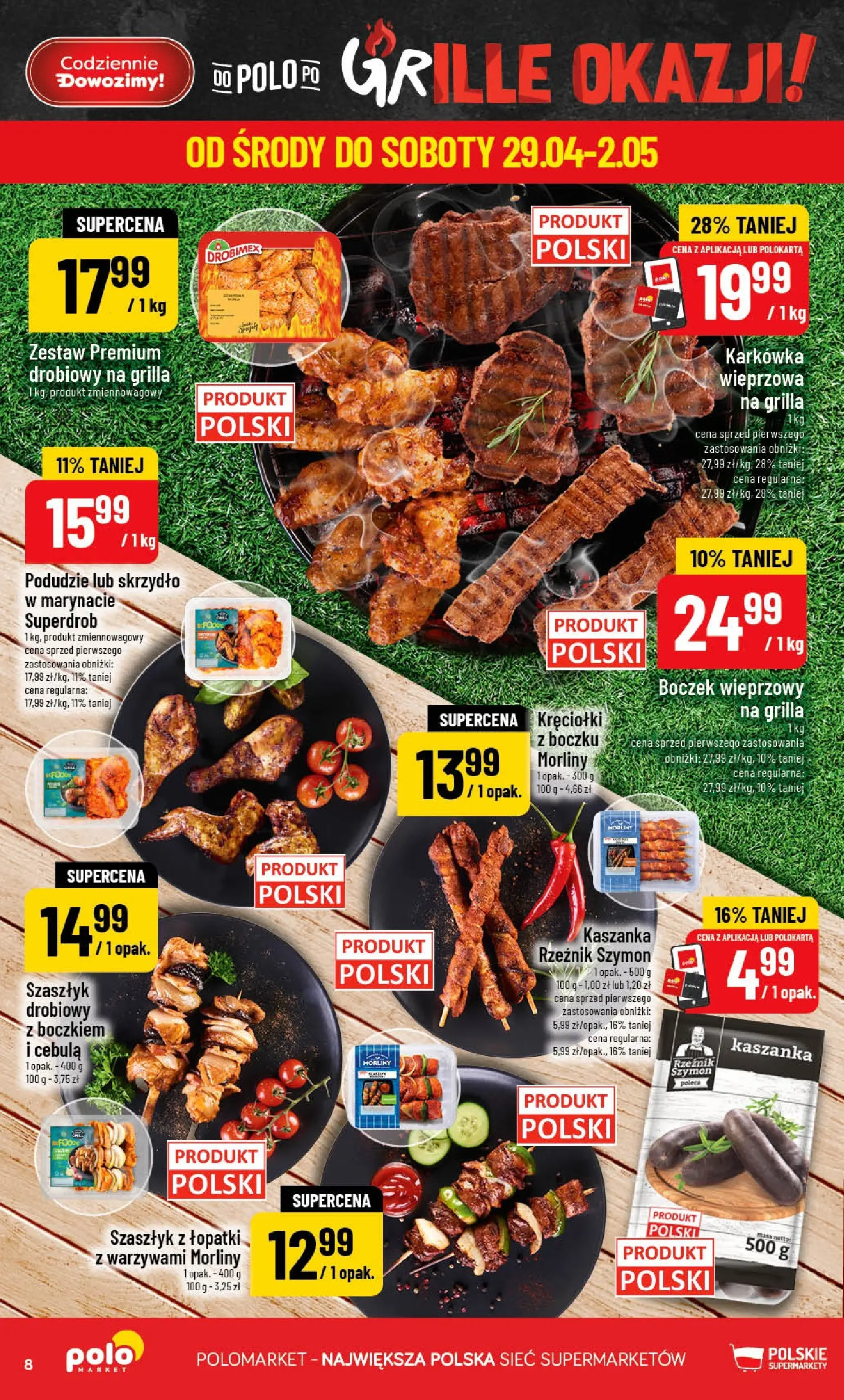 Nowa POLOmarket gazetka od jutra 29.04.2026 | Strona: 8 | Produkty: Karkówka, Boczek wieprzowy, Kaszanka, Boczek